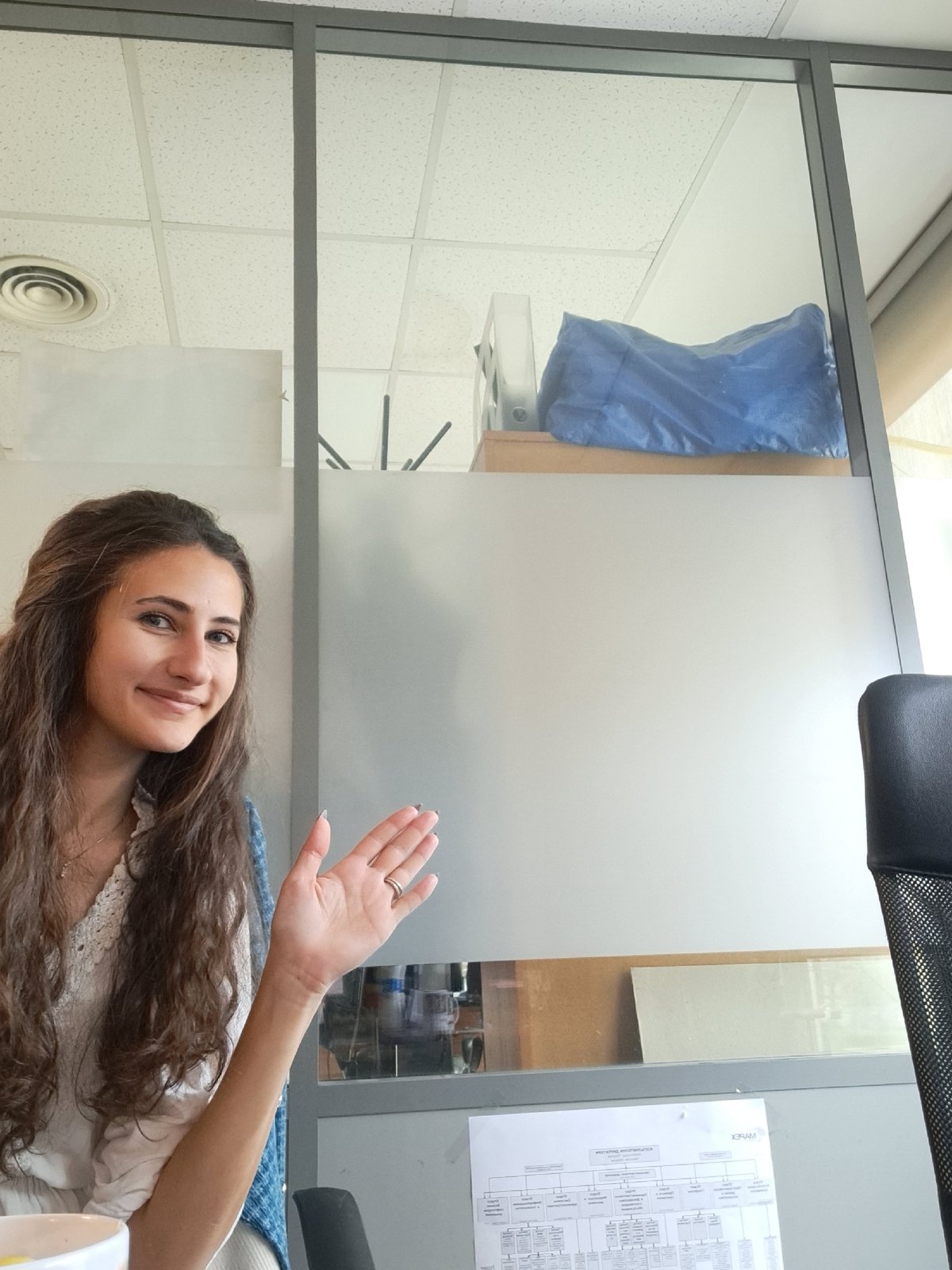Woman documents office workday with food and selfies in Sofia