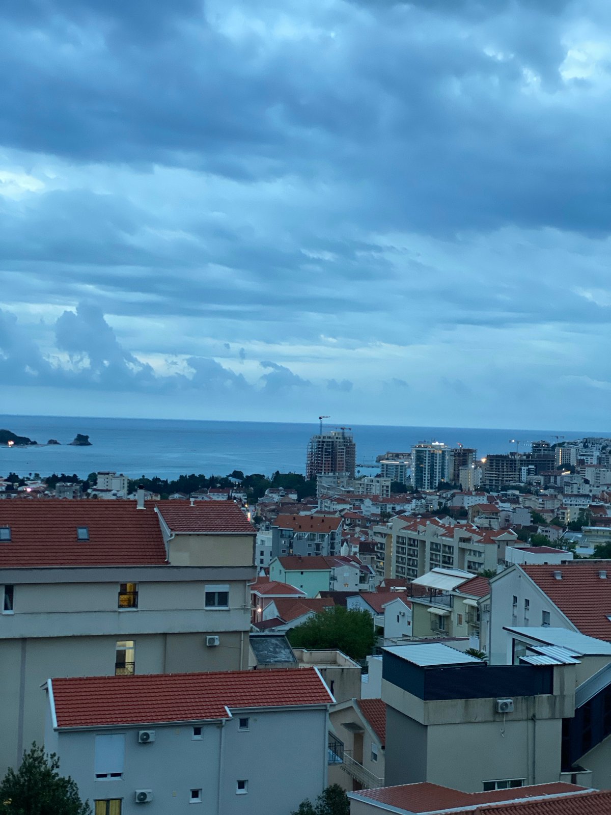 Overcast twilight views captured over Budva, Montenegro coastline