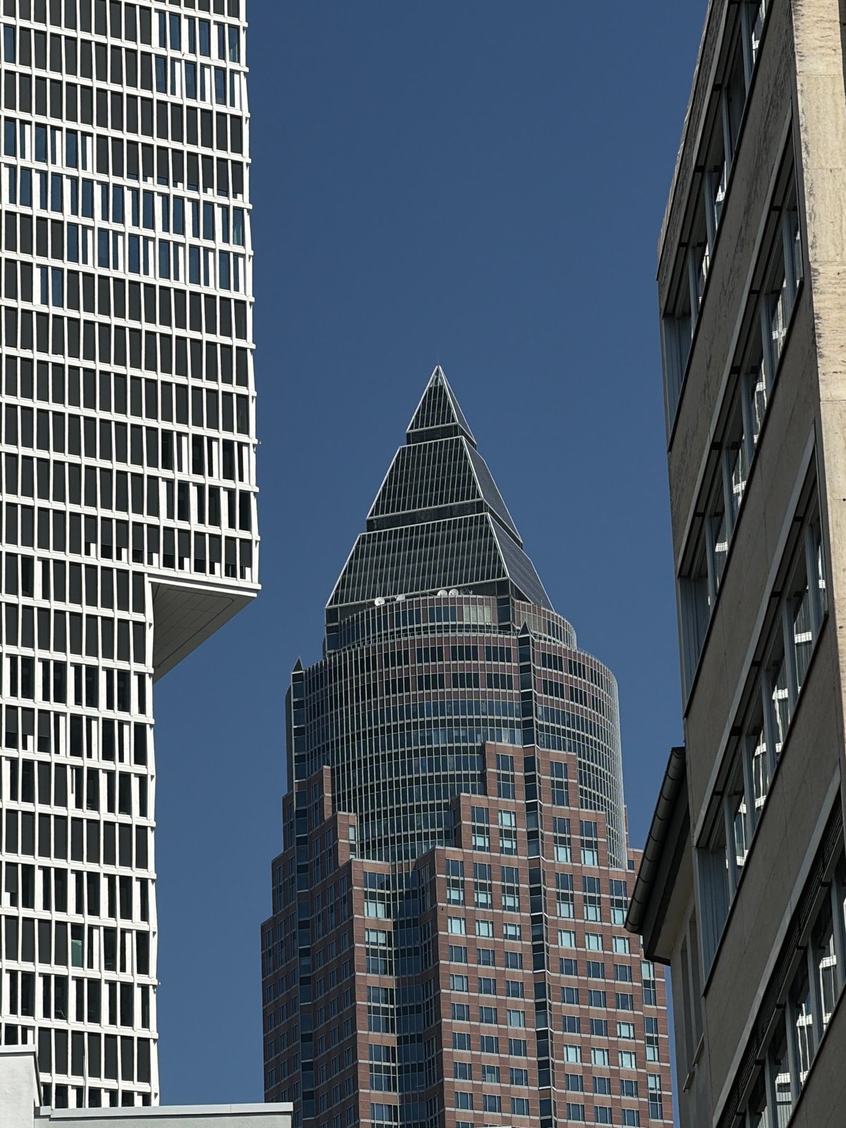 Looking up at Frankfurt's skyline on a clear morning