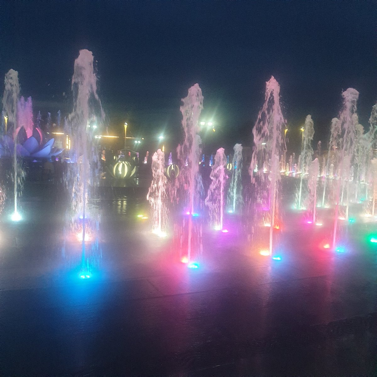 Colorful fountain light show captured in Turkistan, Kazakhstan