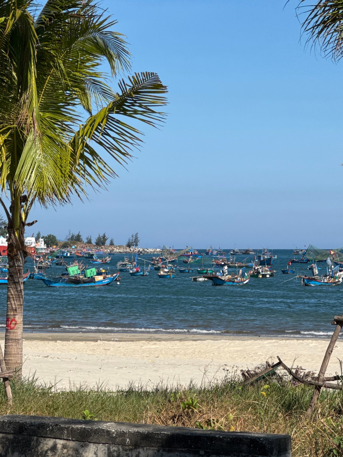 Fishing boats anchored off Đà Nẵng beach under clear skies