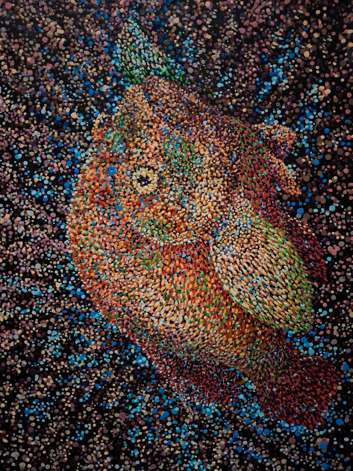 Pointillist fish painting observed against speckled black background