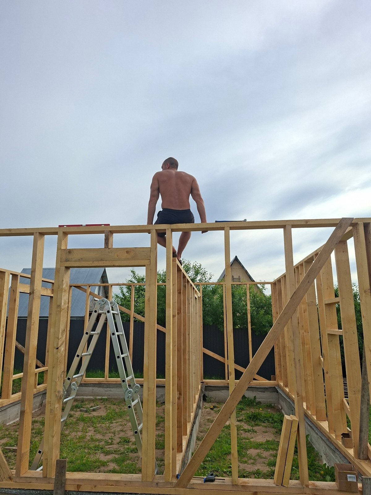 Wooden frame house going up in rural Russia, midsummer