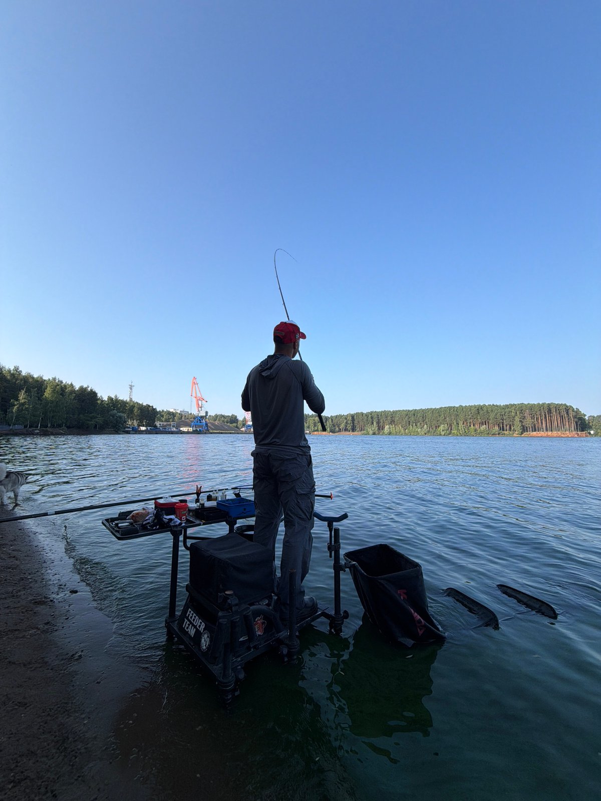 Fishing on the Kama with a heterochromic husky in tow