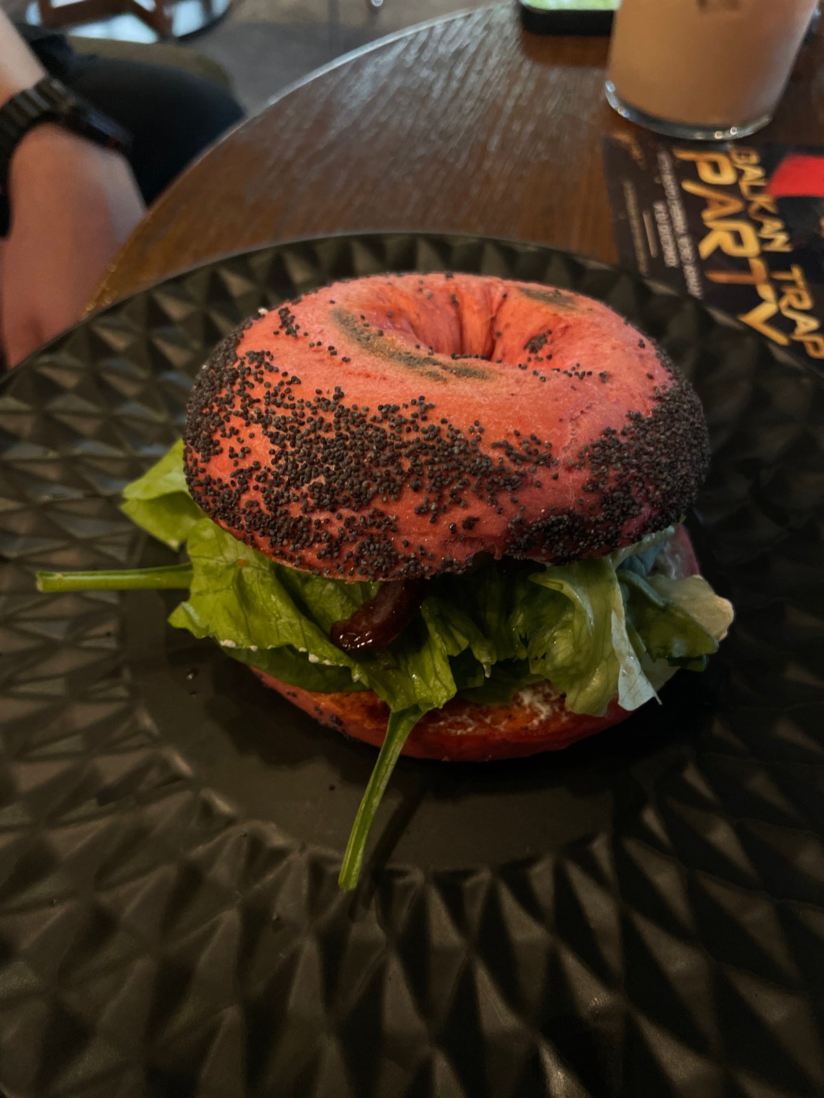 Red poppy seed bagel photographed in Varna, Bulgaria