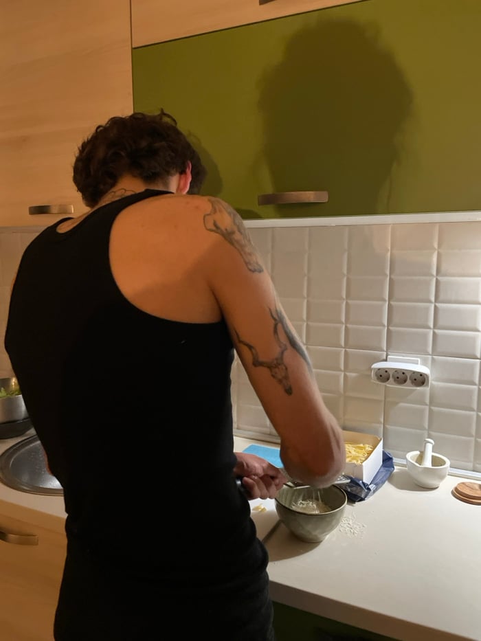Pasta dinner preparation and dining captured across Montenegro locations
