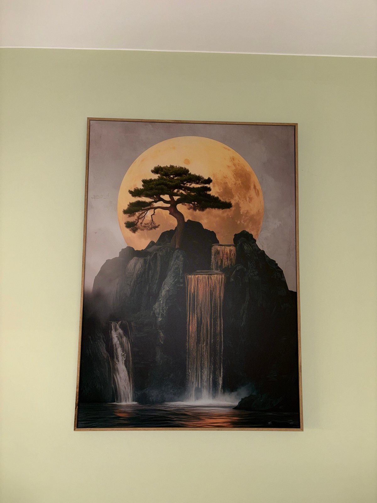 Landscape artwork featuring moon and waterfall observed in Sofia