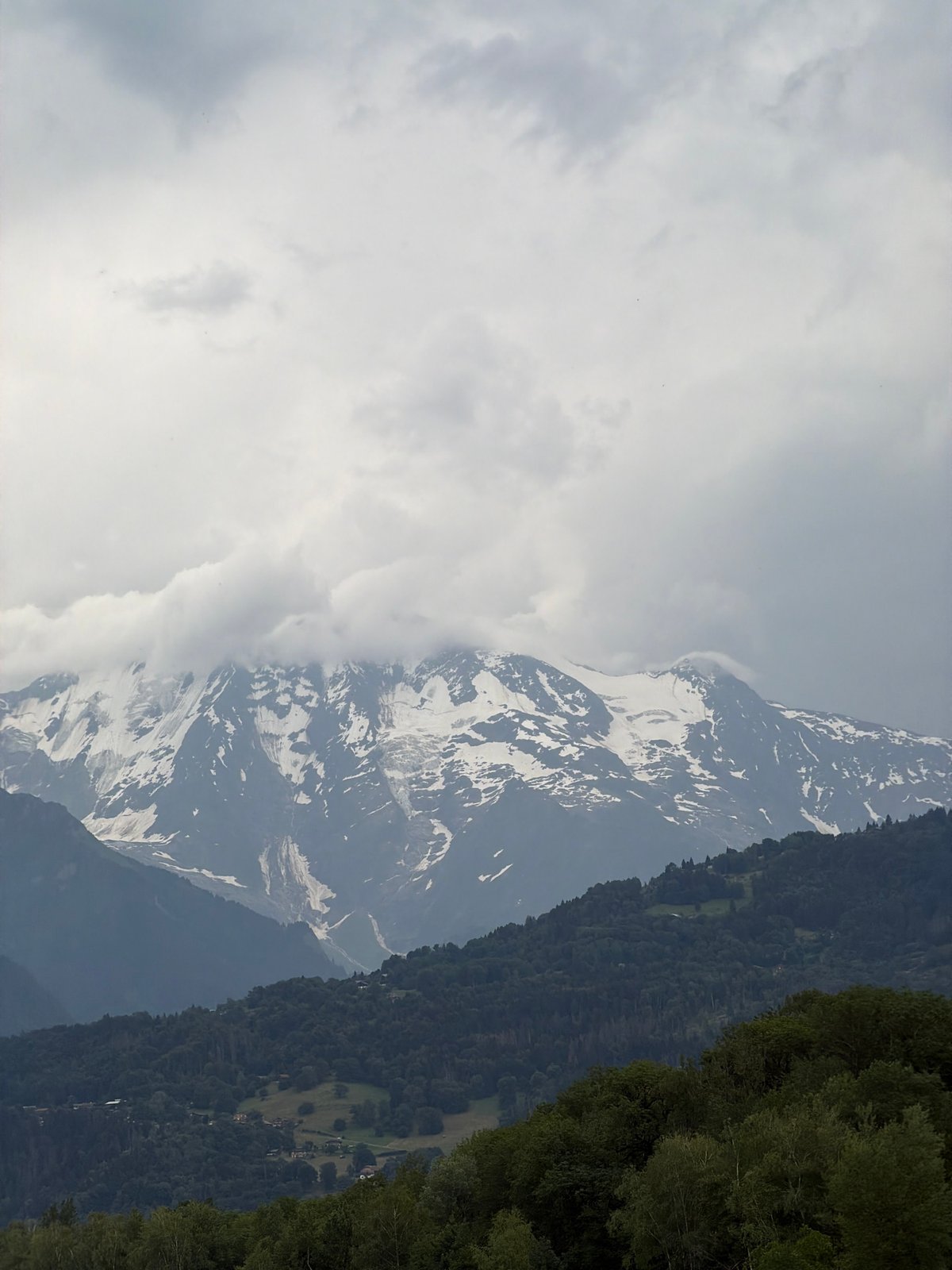 Snow-capped peaks and dark pines near Sallanches