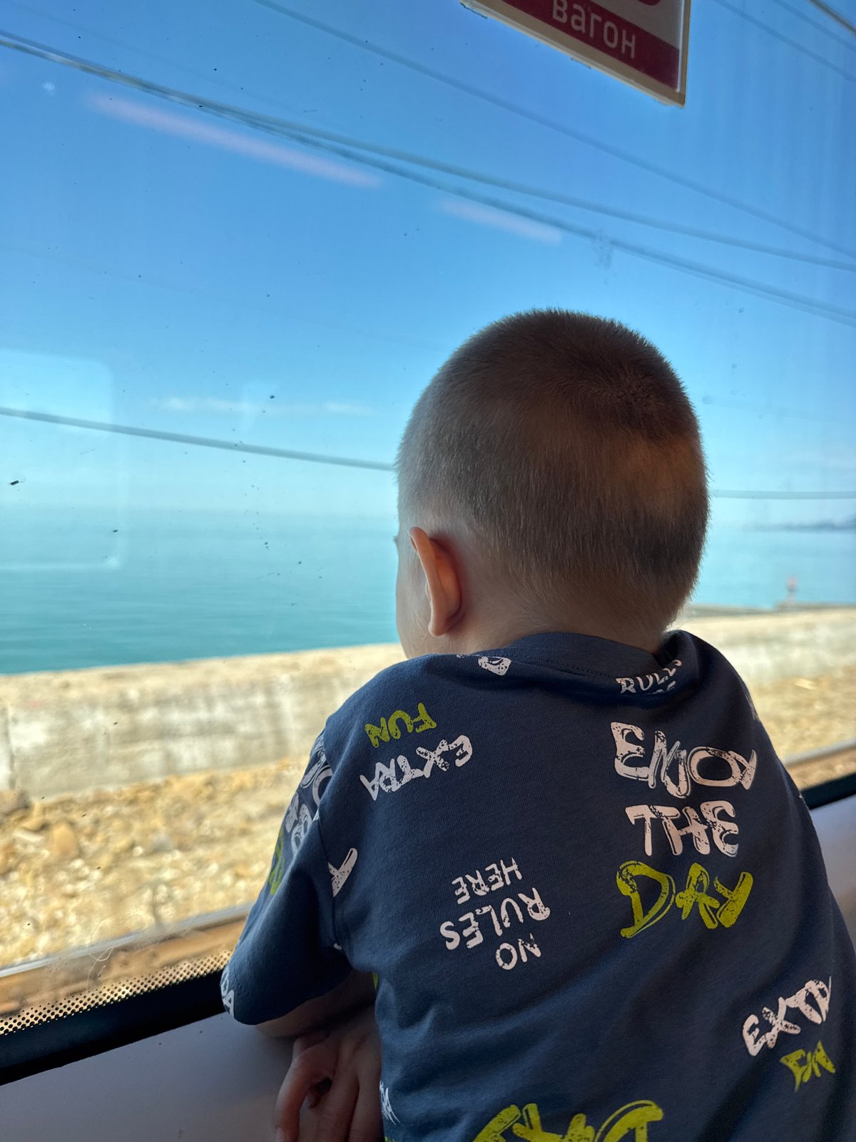 Child watches scenery from train window in Sochi