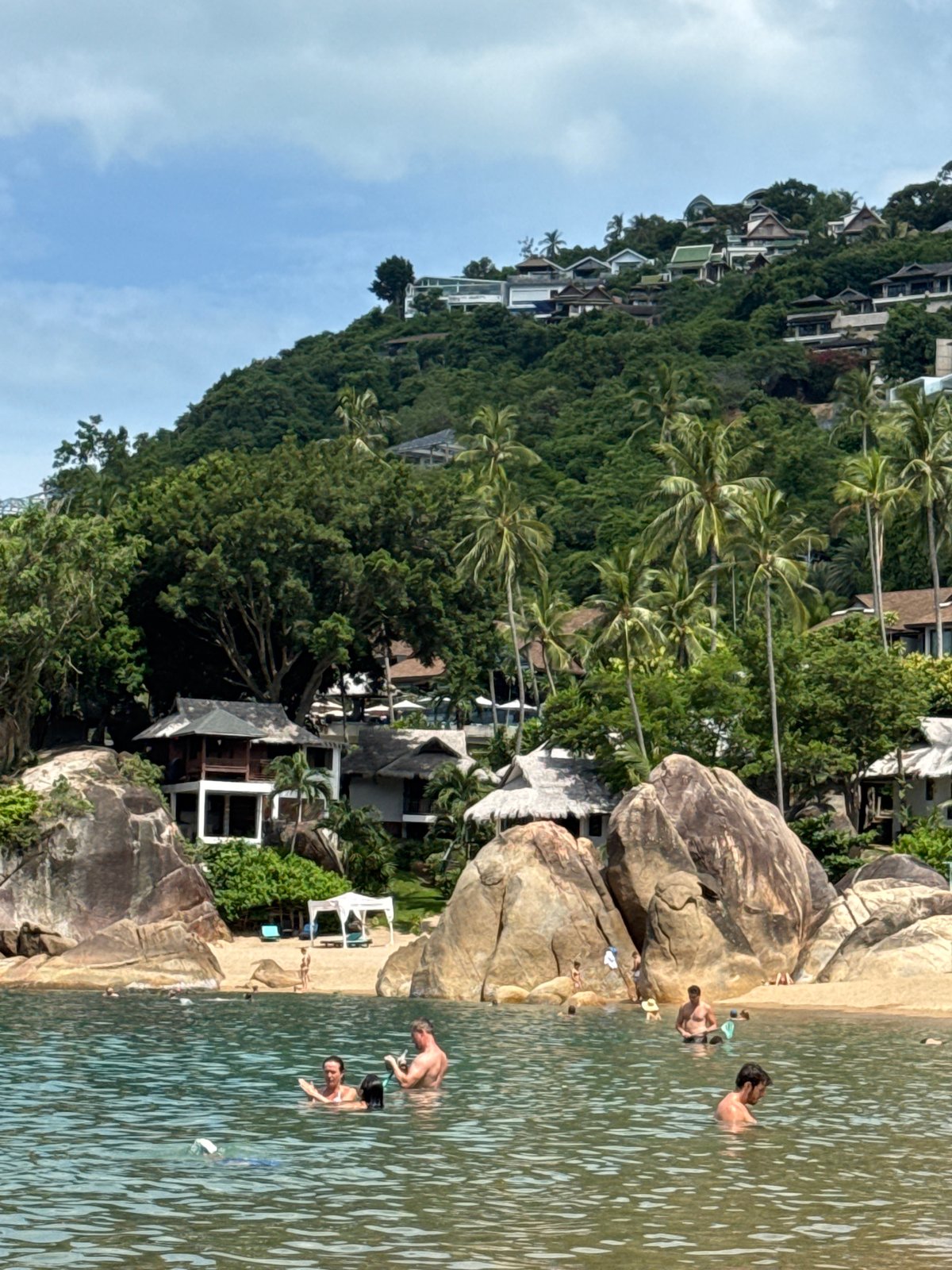 Beach day snapshots: swimmers, a resting dog, and shifting skies