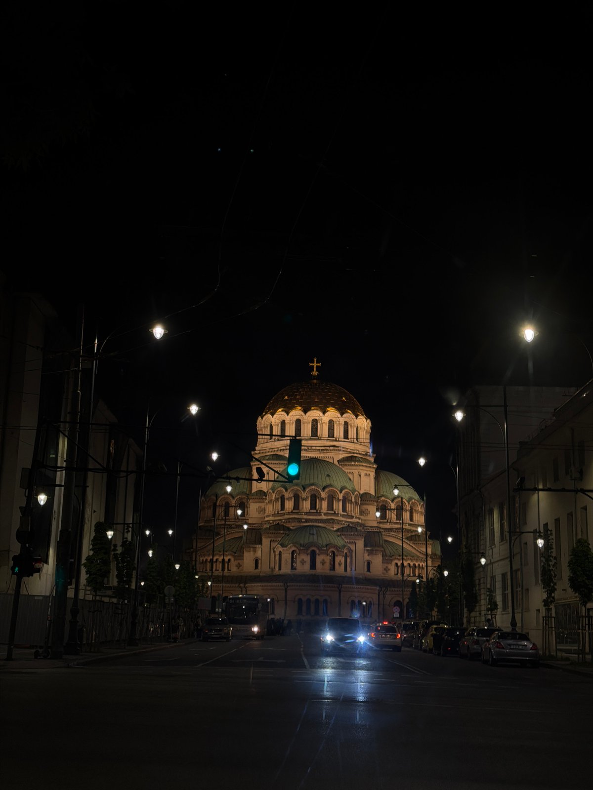 Alexander Nevsky Cathedral illuminated on wet Sofia evening