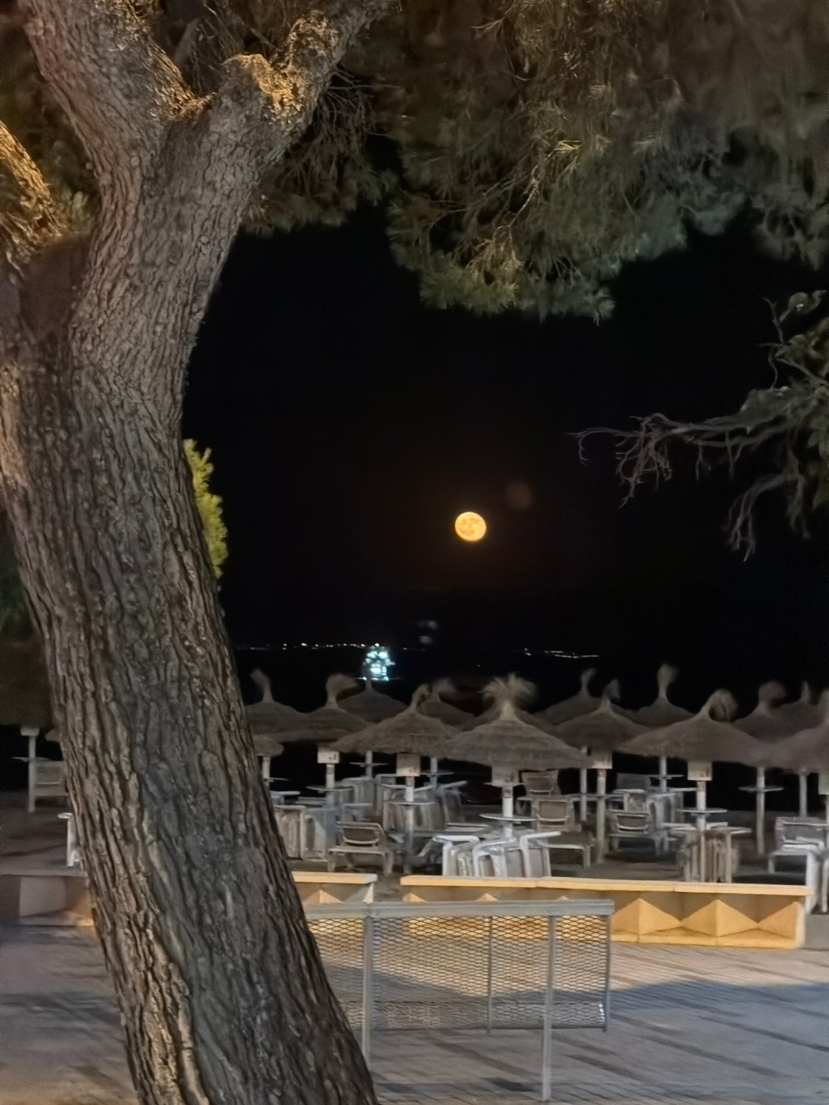 Orange moon rises over a quiet Mallorcan beach strip at night