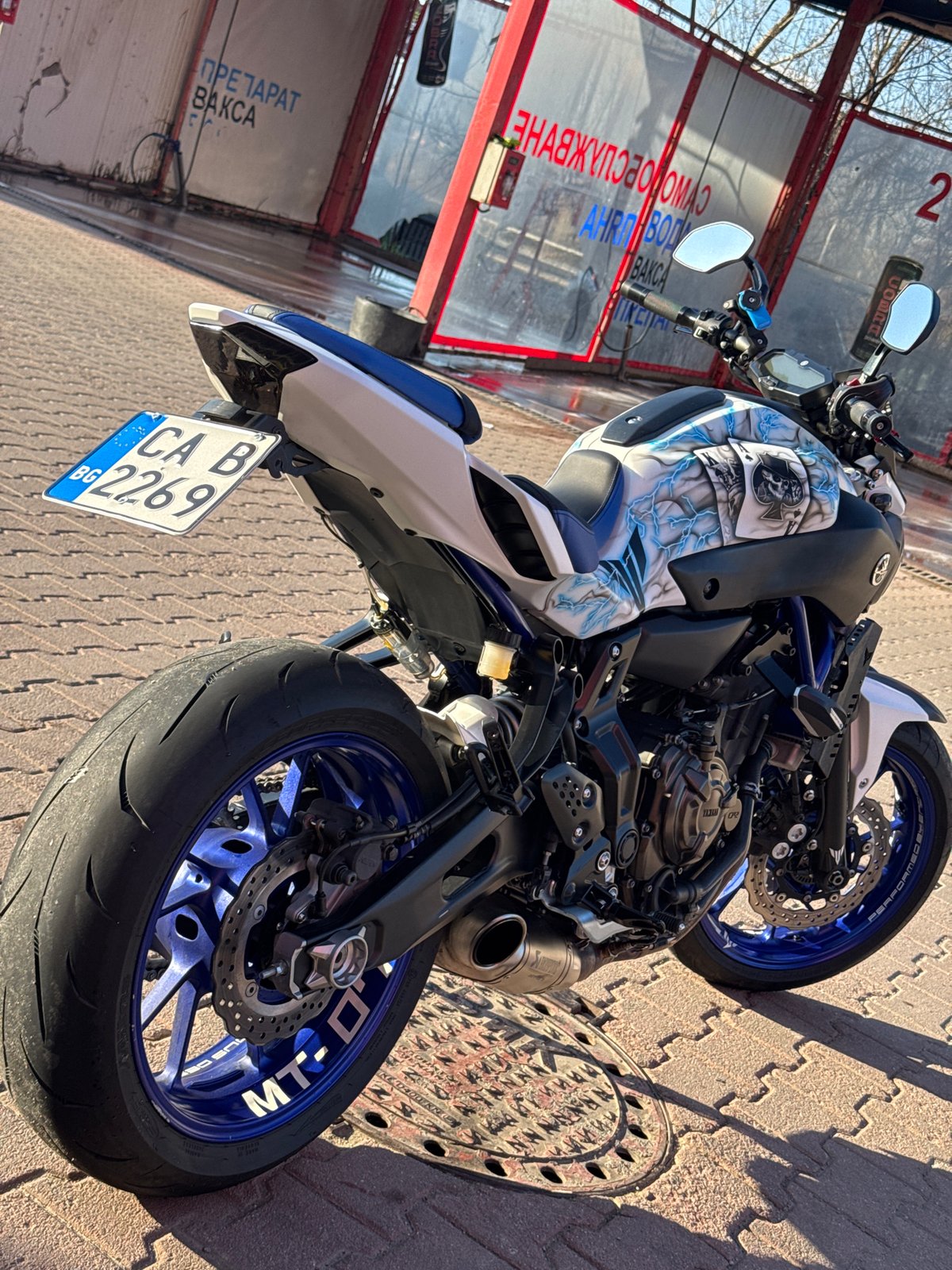 Custom Yamaha motorcycle gets wash in Sofia Bulgaria
