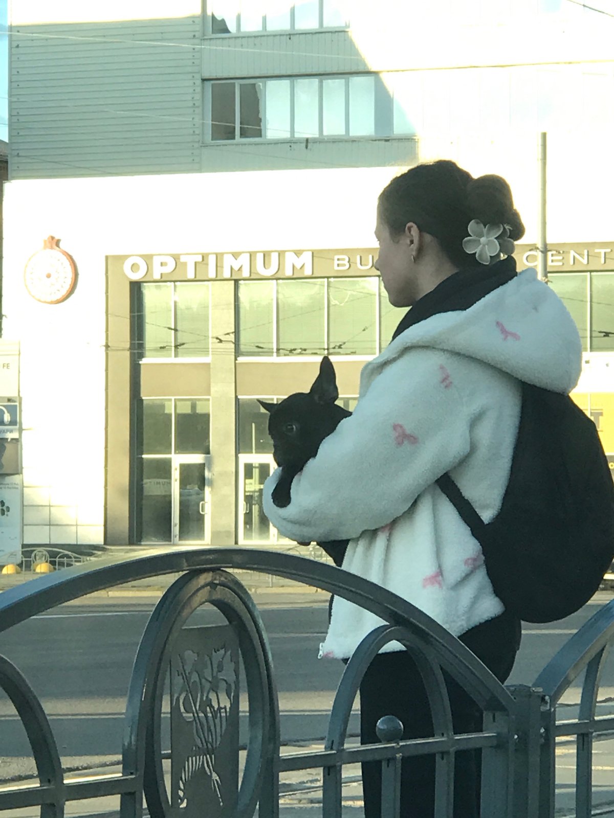 Woman carries small dog on Kharkiv sidewalk