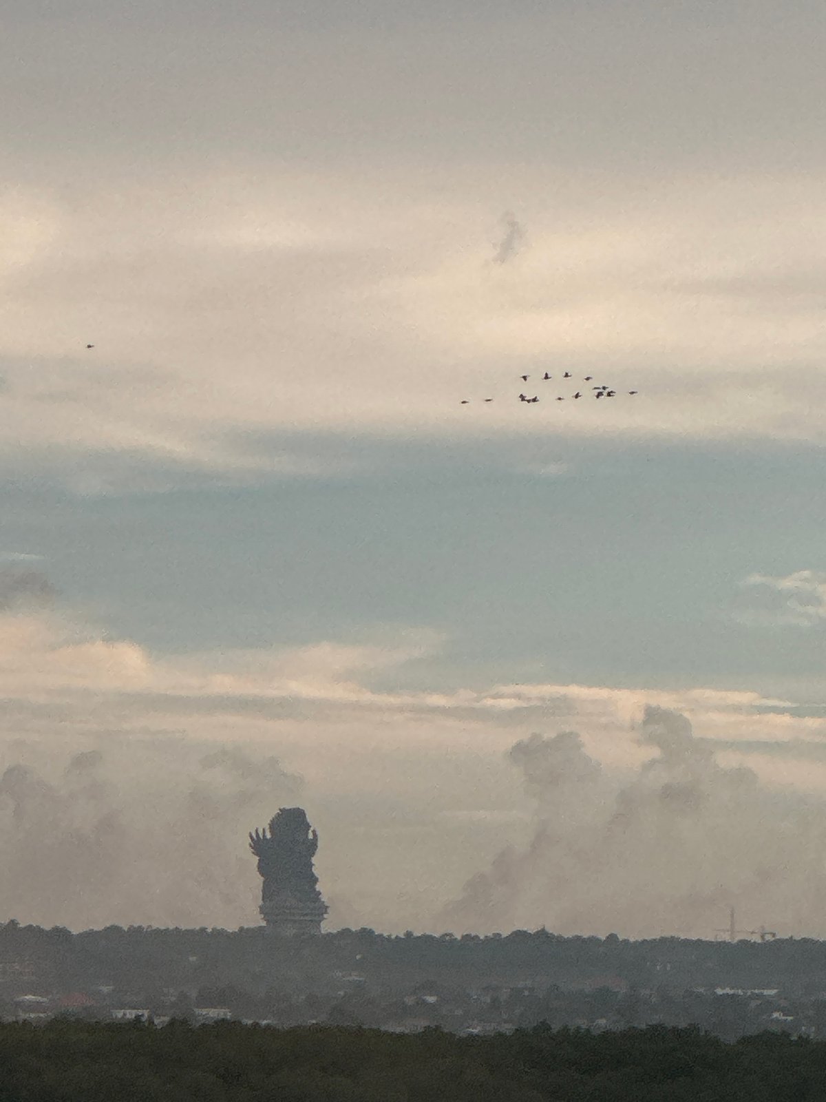 Birds photographed flying over Garuda Wisnu Kencana statue, Nusa Dua