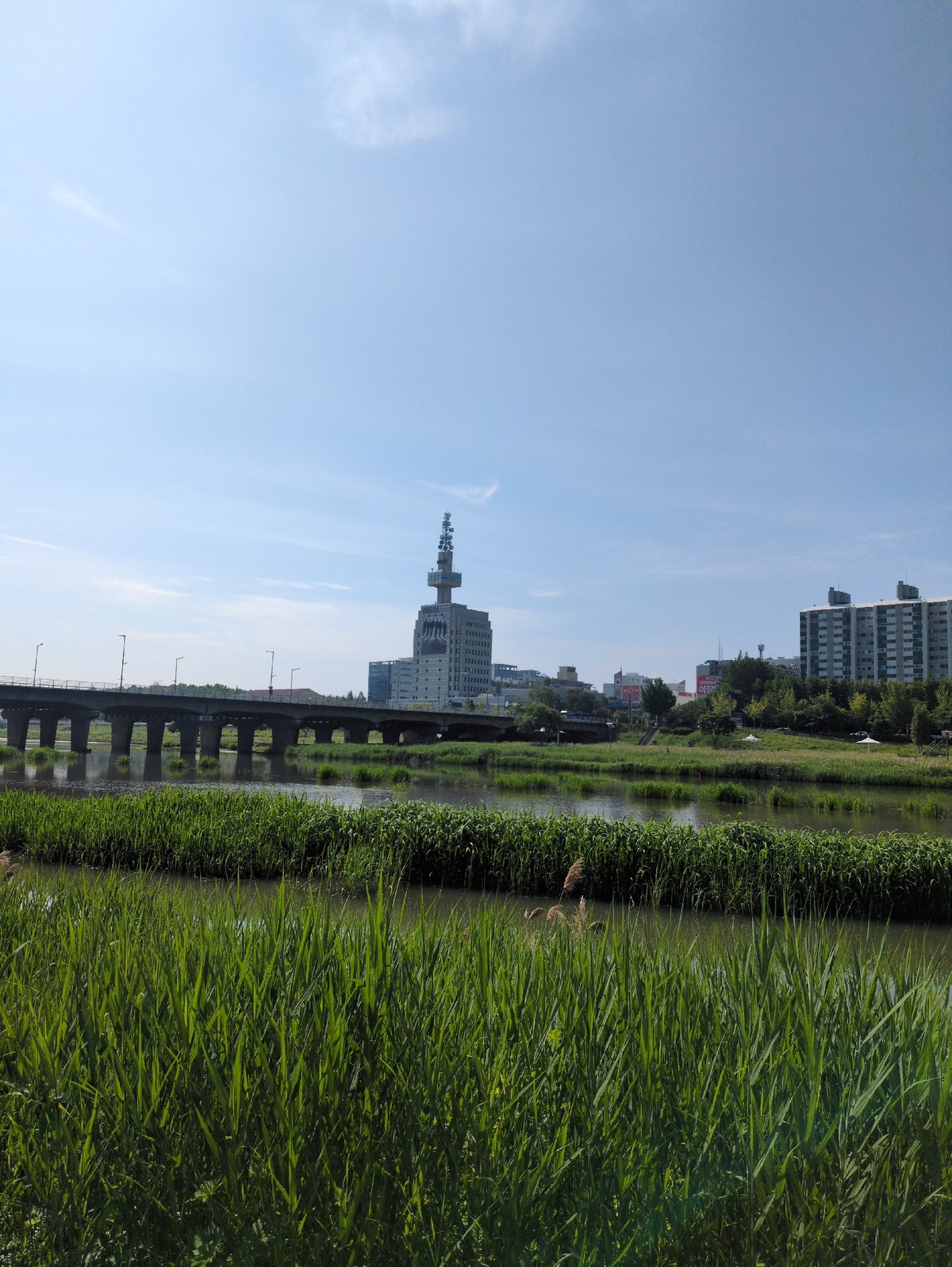 Tourist documents Daejeon landmarks during early morning walkthrough