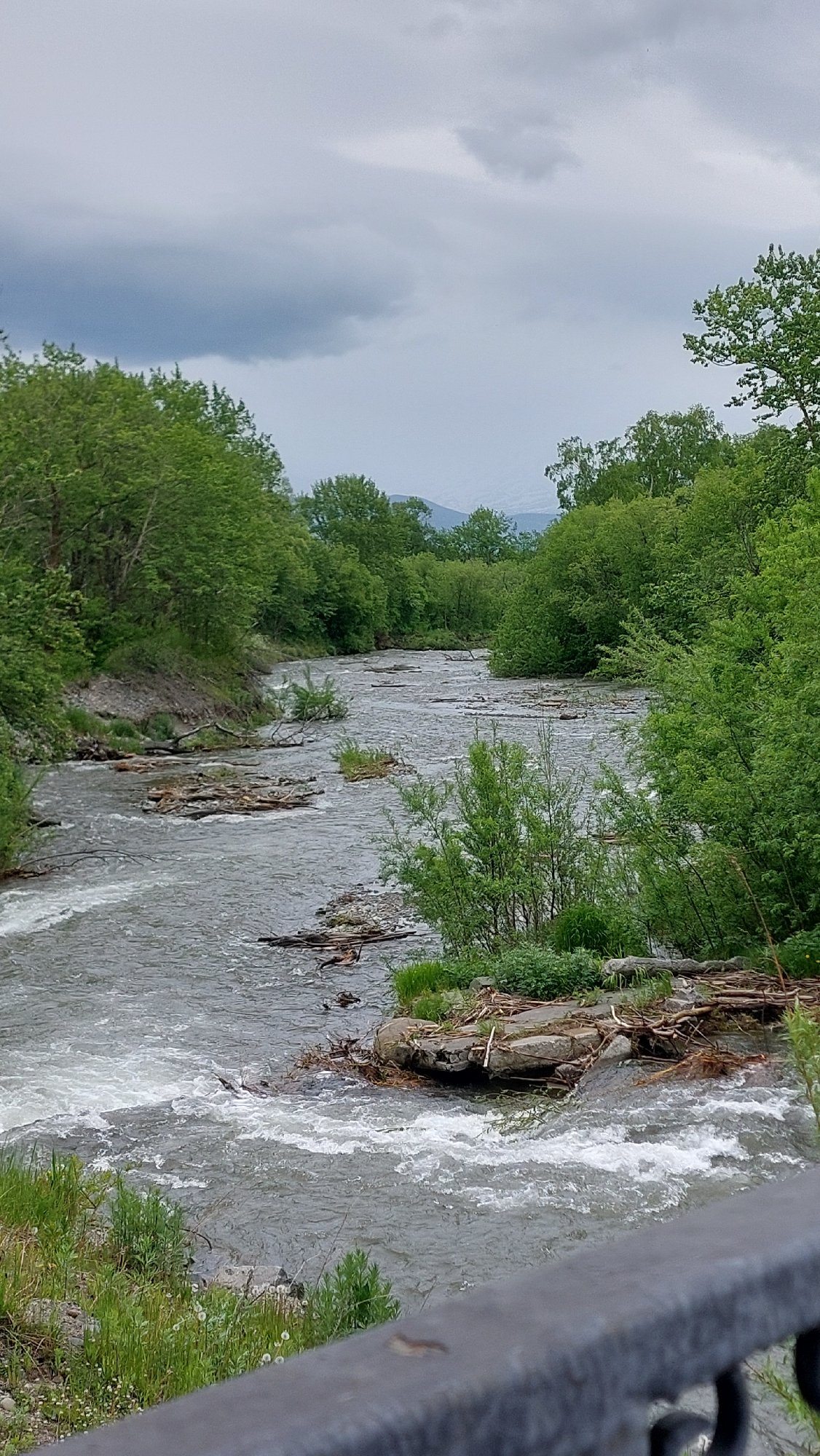 Debris-filled river runs fast through Koryaki under cloudy skies