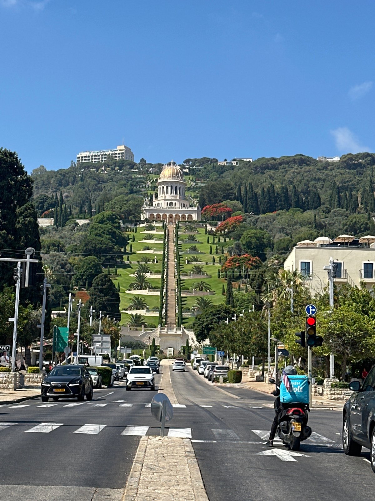 Bougainvillea and the Baháʼí golden dome, Haifa