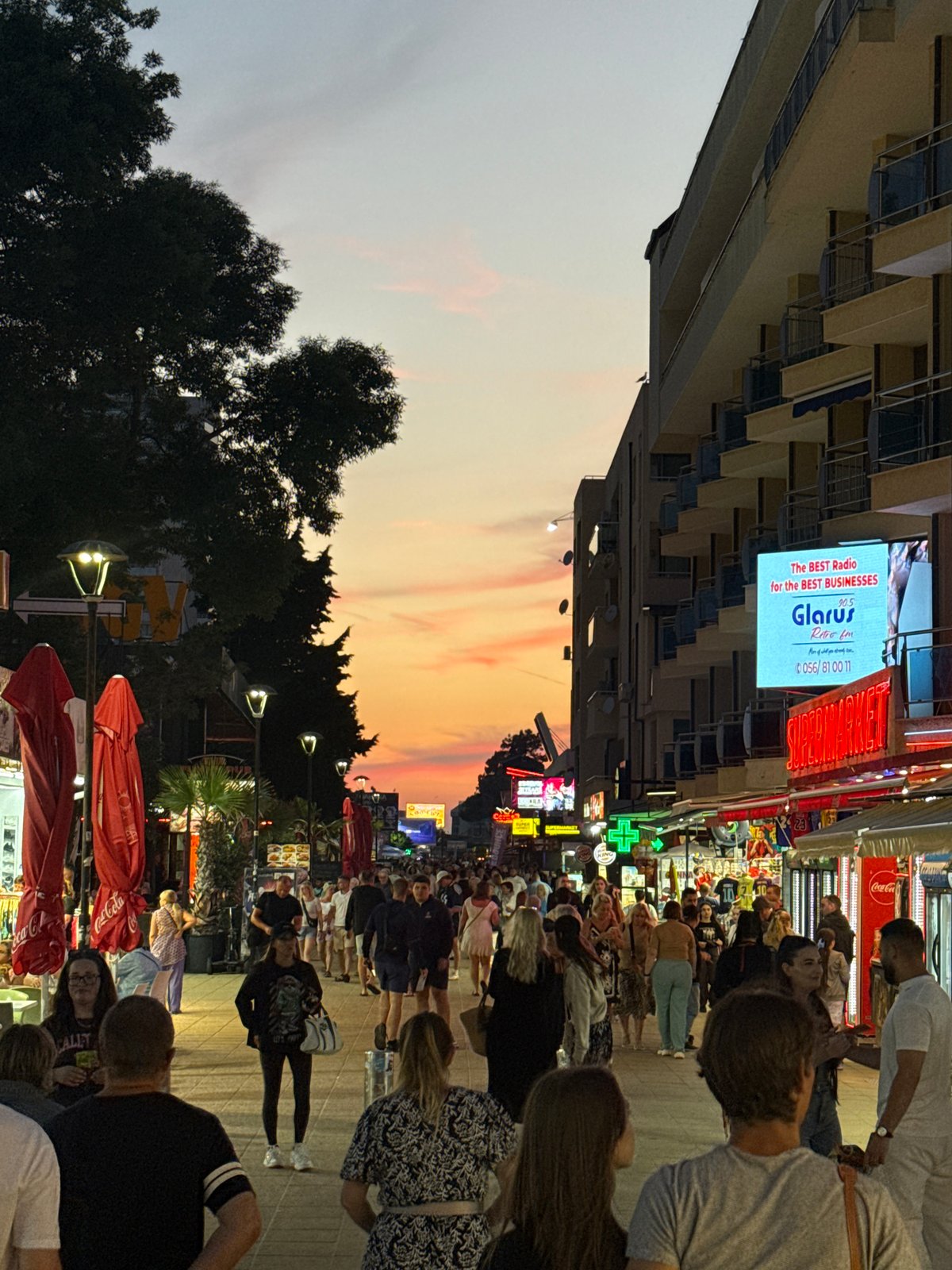 Evening resort and street scenes captured during sunset hours