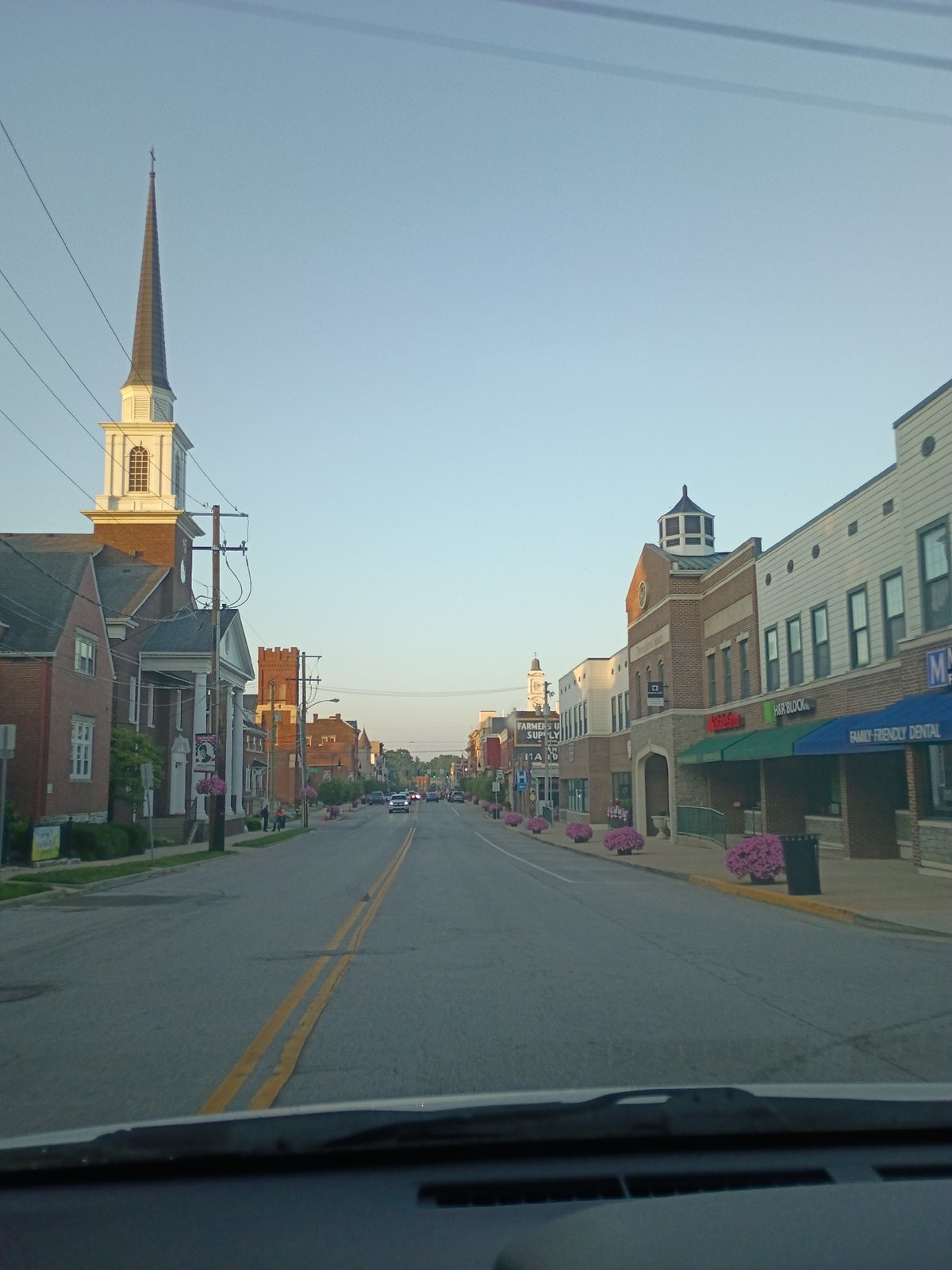 Quiet street view through a car window in Versailles, Kentucky