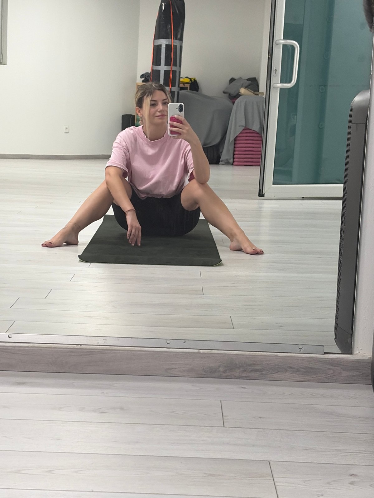 Morning yoga studio session in Budva, with a snack on the side