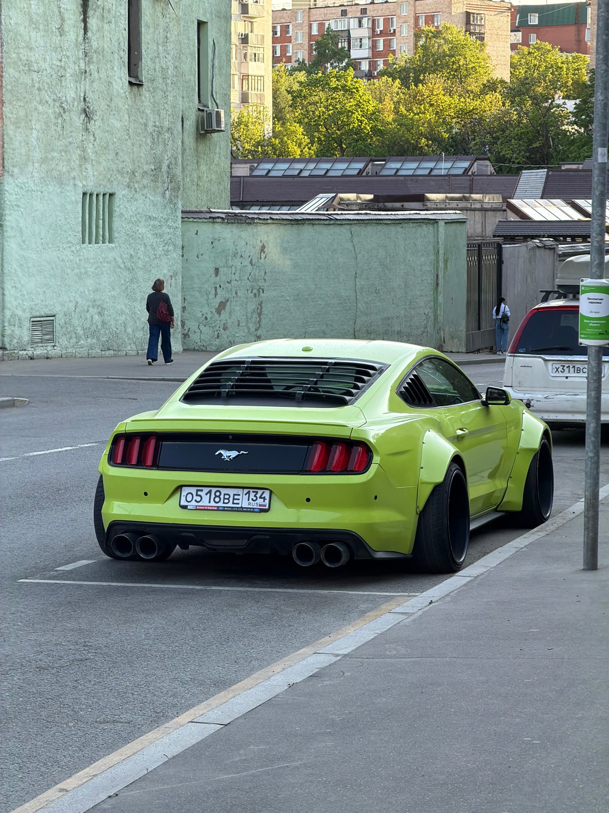 Modified lime-green Mustang spotted parked in Moscow street