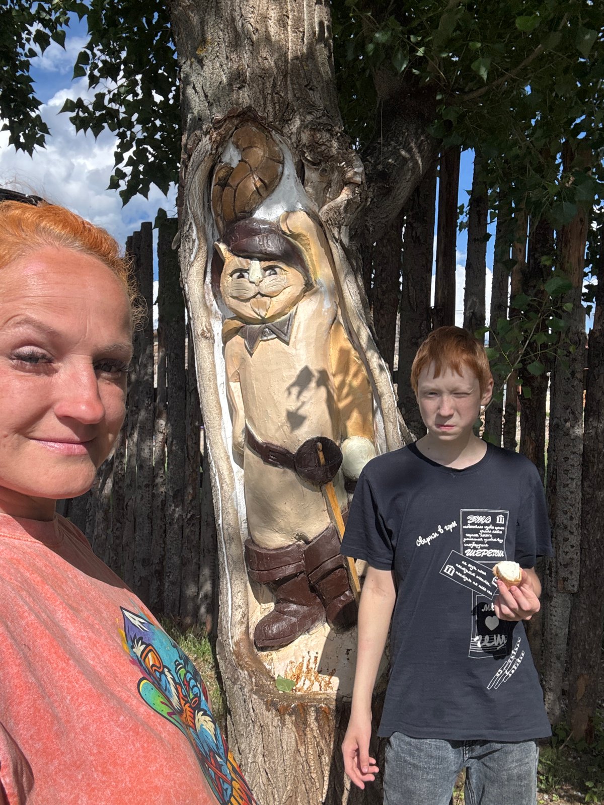 Mother and son explore folk art installations in Chaikovsky