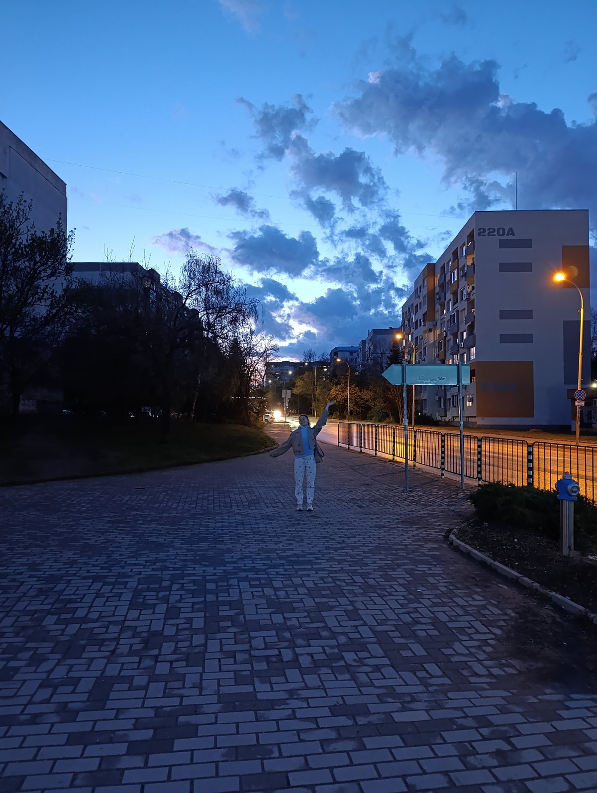 Person raises arm on brick pathway in Sofia at dusk