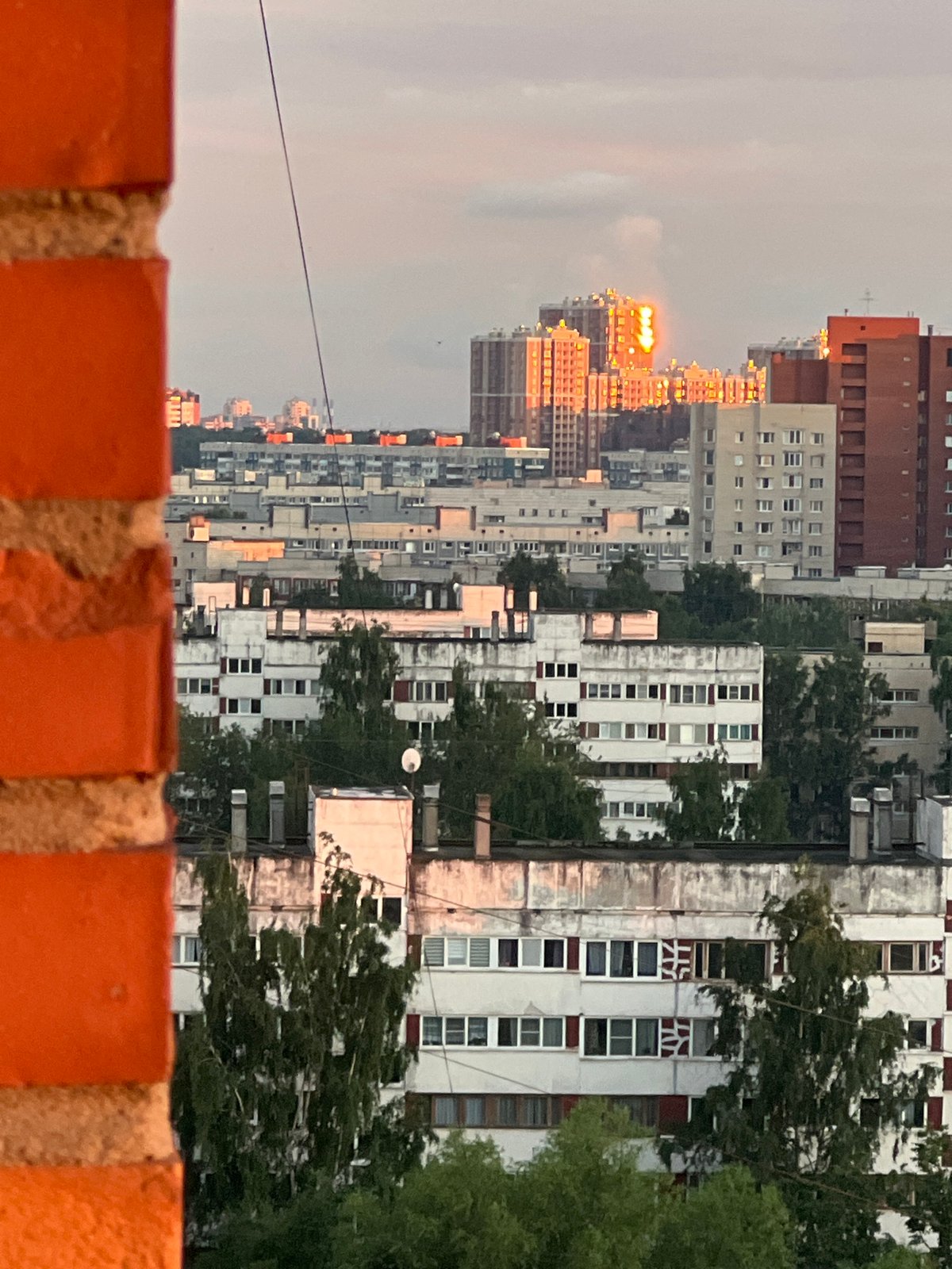 City skyline at golden hour, up close and from above