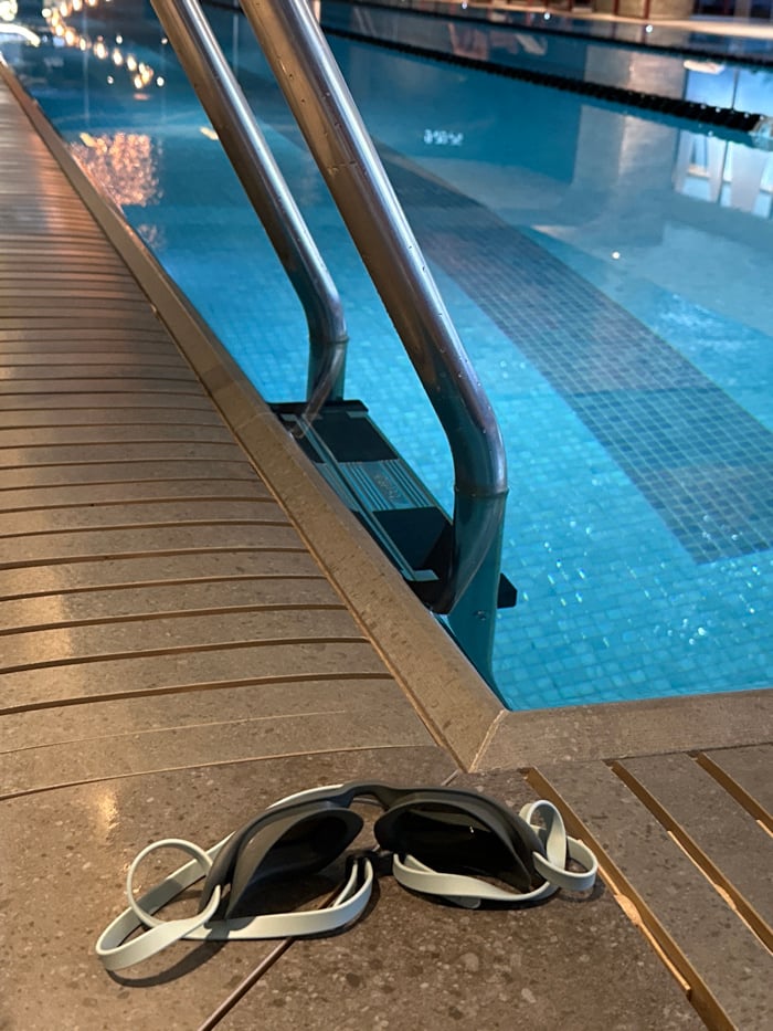 Swimming goggles left on London pool deck