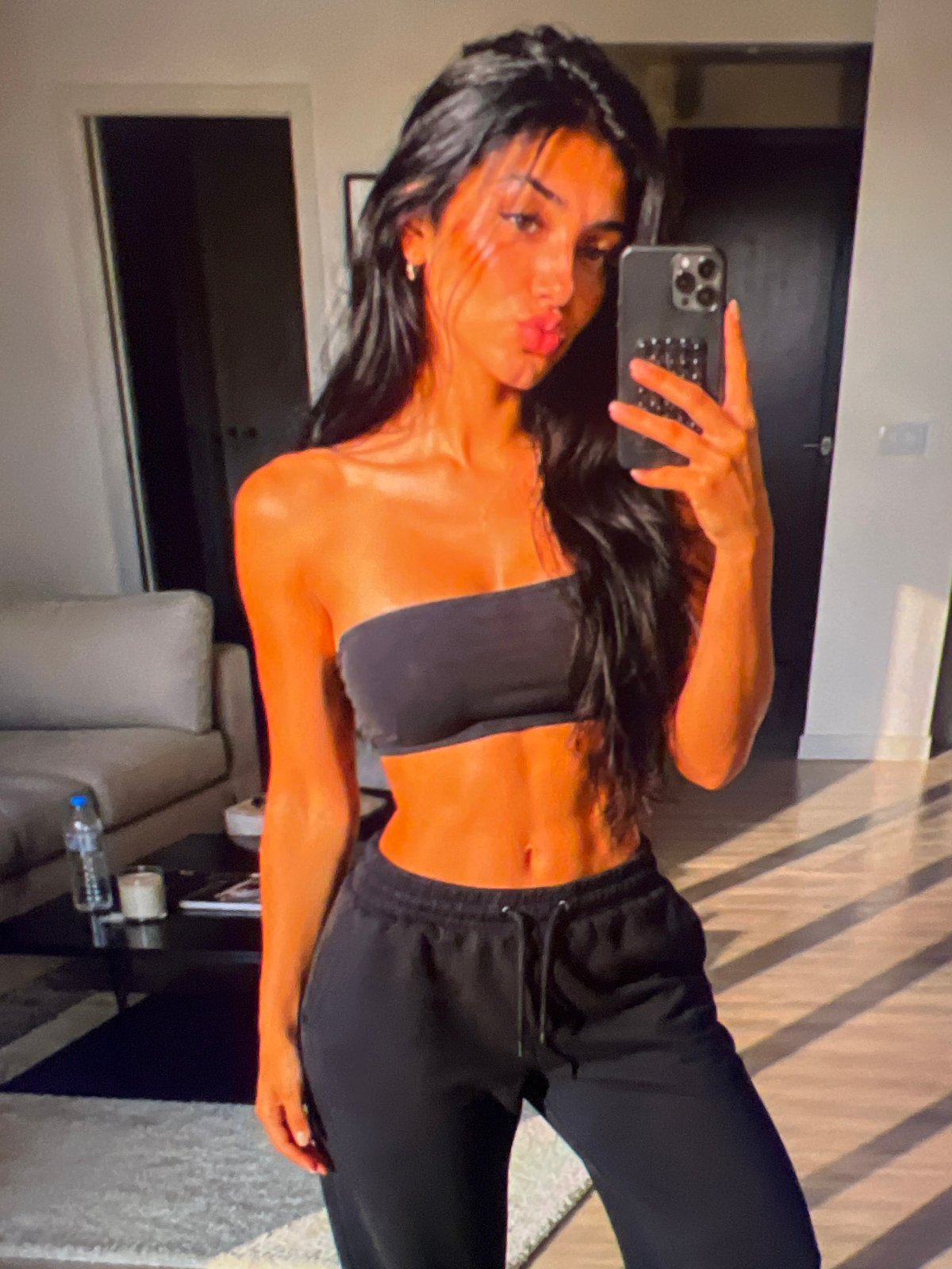 Indoor selfie session, black outfit, multiple angles