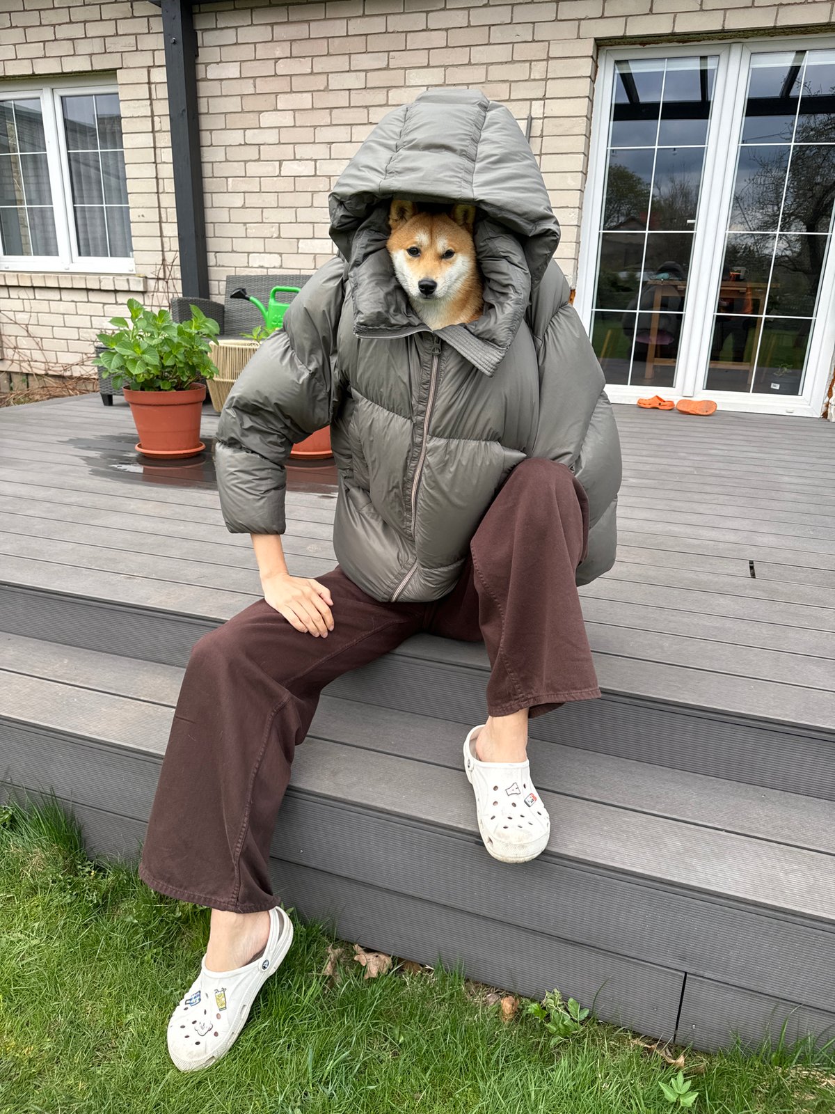 Person gardens with dog companion in Carnikava, Latvia