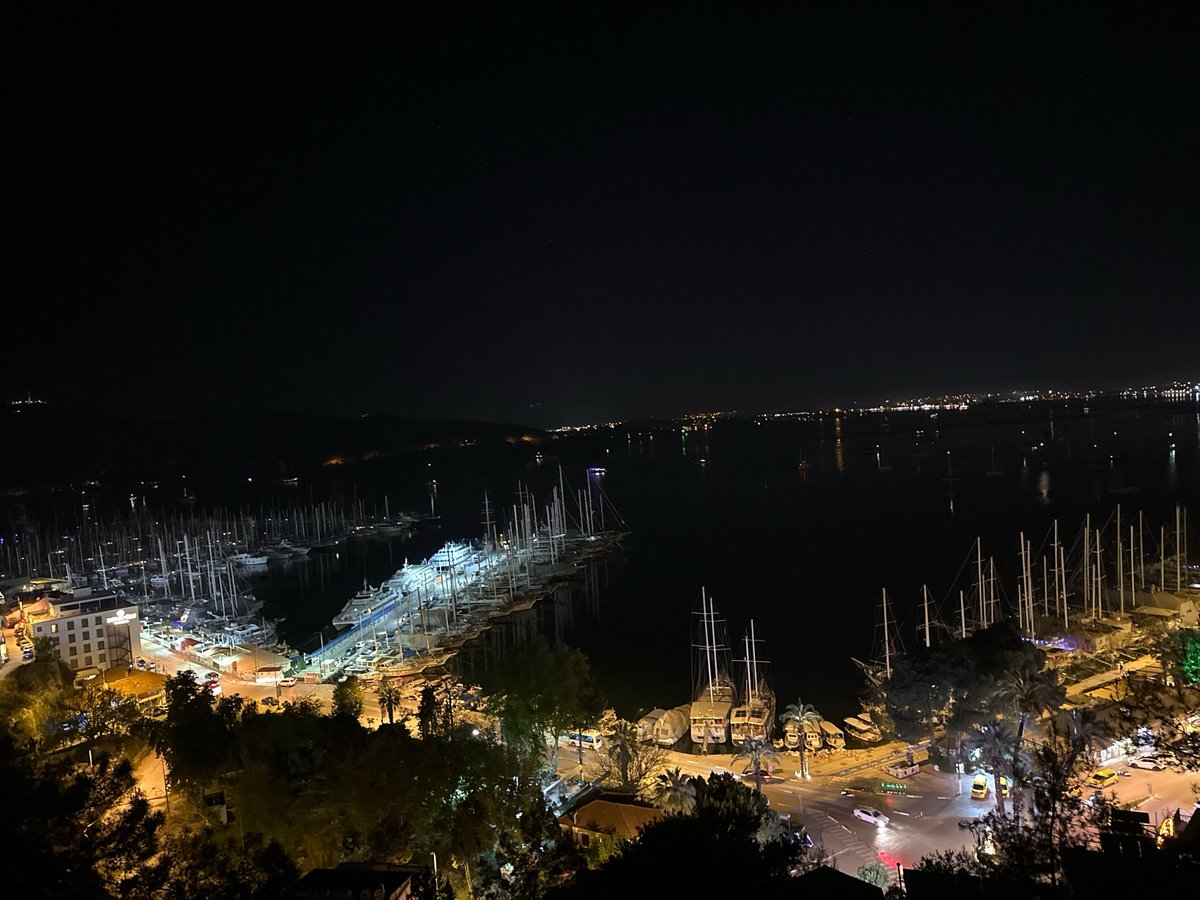 Nighttime harbor views captured across Fethiye marina, Turkey