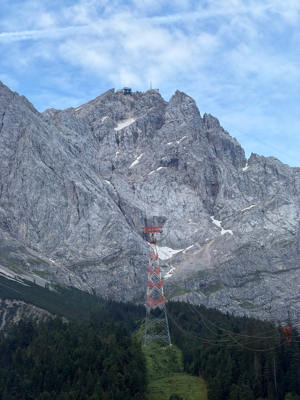 Morning views of Zugspitze's summit, cable cars, and rocky terrain