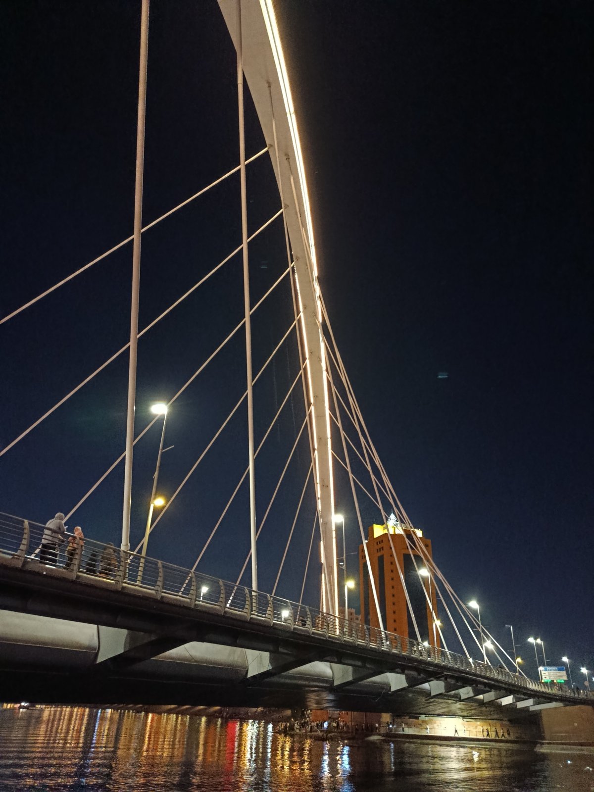 Astana's Ishim River bridges and skyline lit up at night