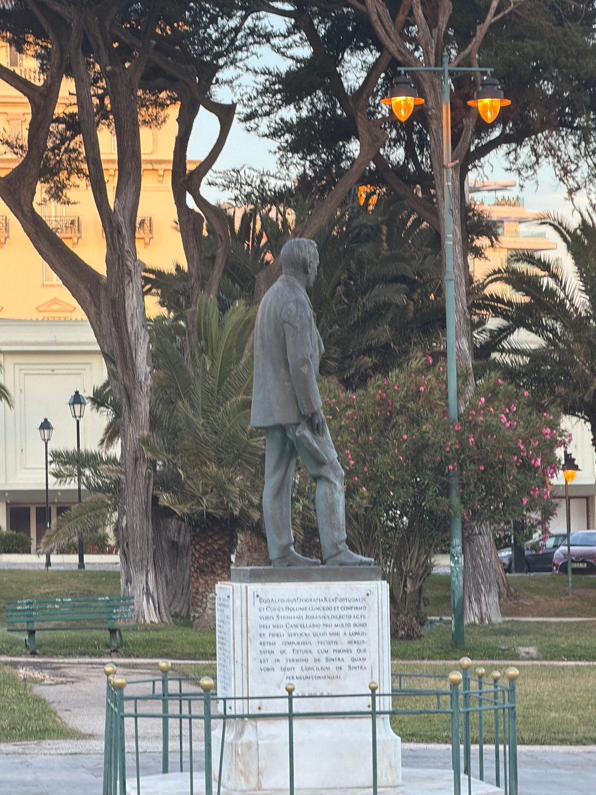 Cascais at golden hour: parks, casino, and palm-lined streets