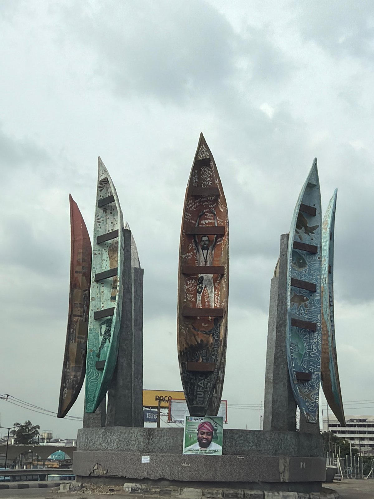 Painted dugout canoe sculpture spotted in Ikeja, Nigeria