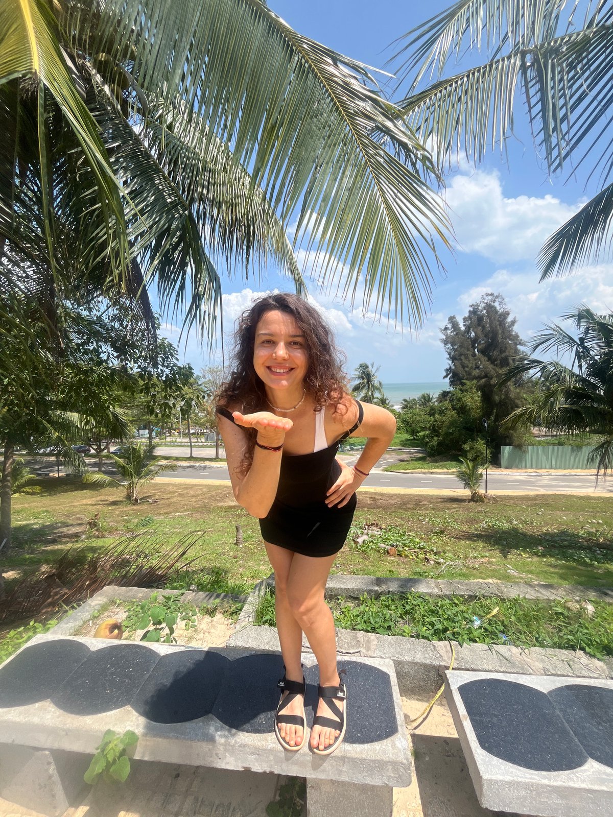 Beachside photo session along a Vietnamese coastal walkway