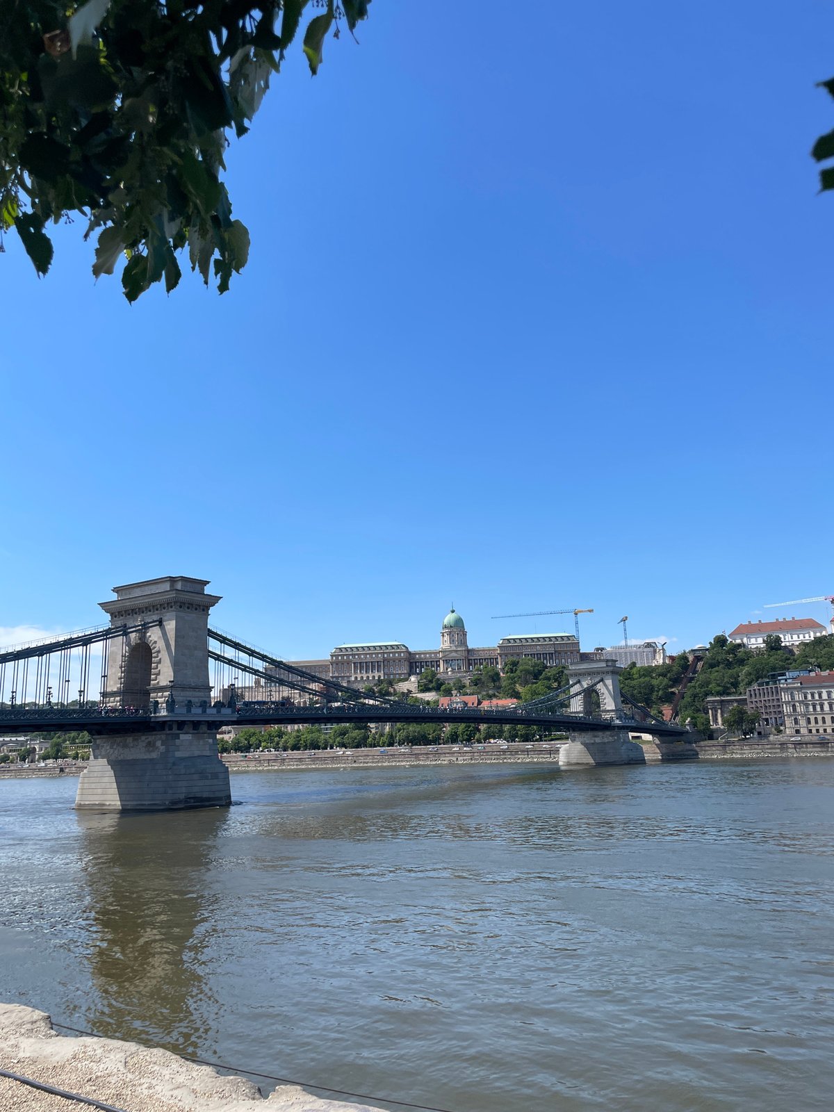 Chain Bridge observed spanning Danube in Budapest morning