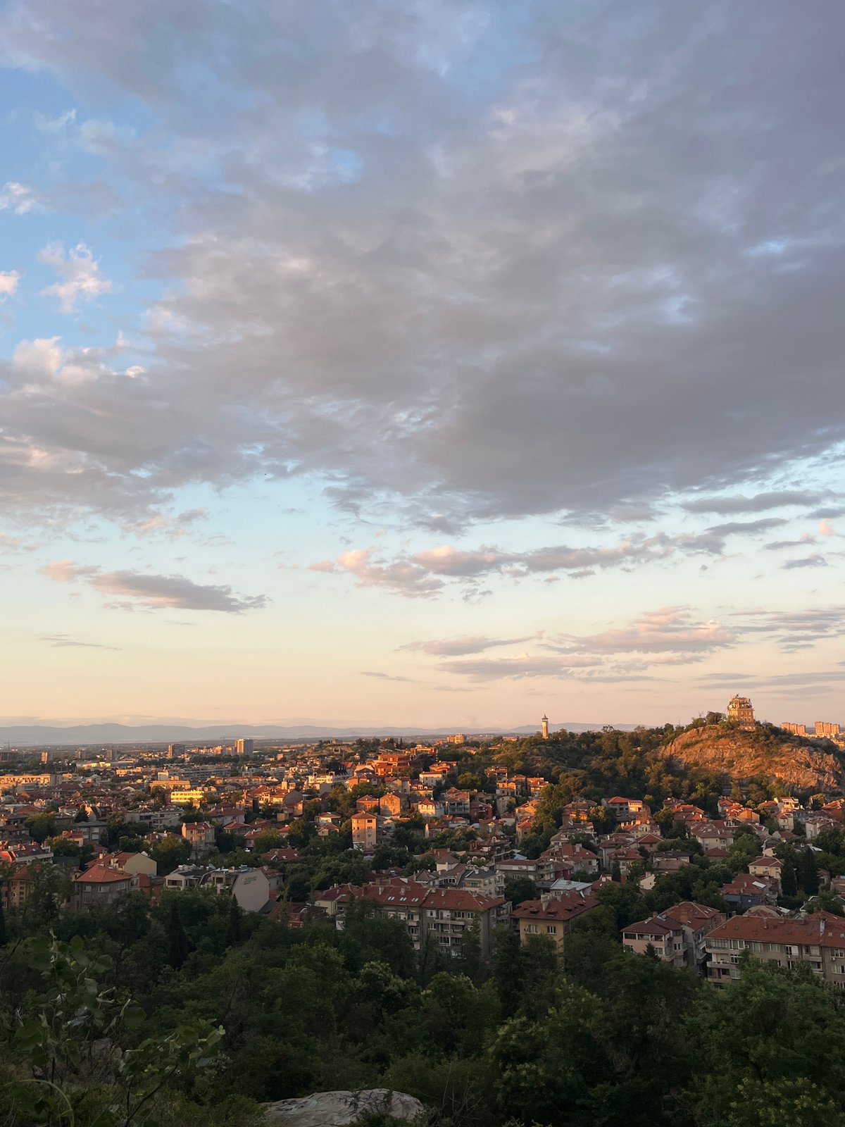 Plovdiv at golden hour, from hilltop to monument to park
