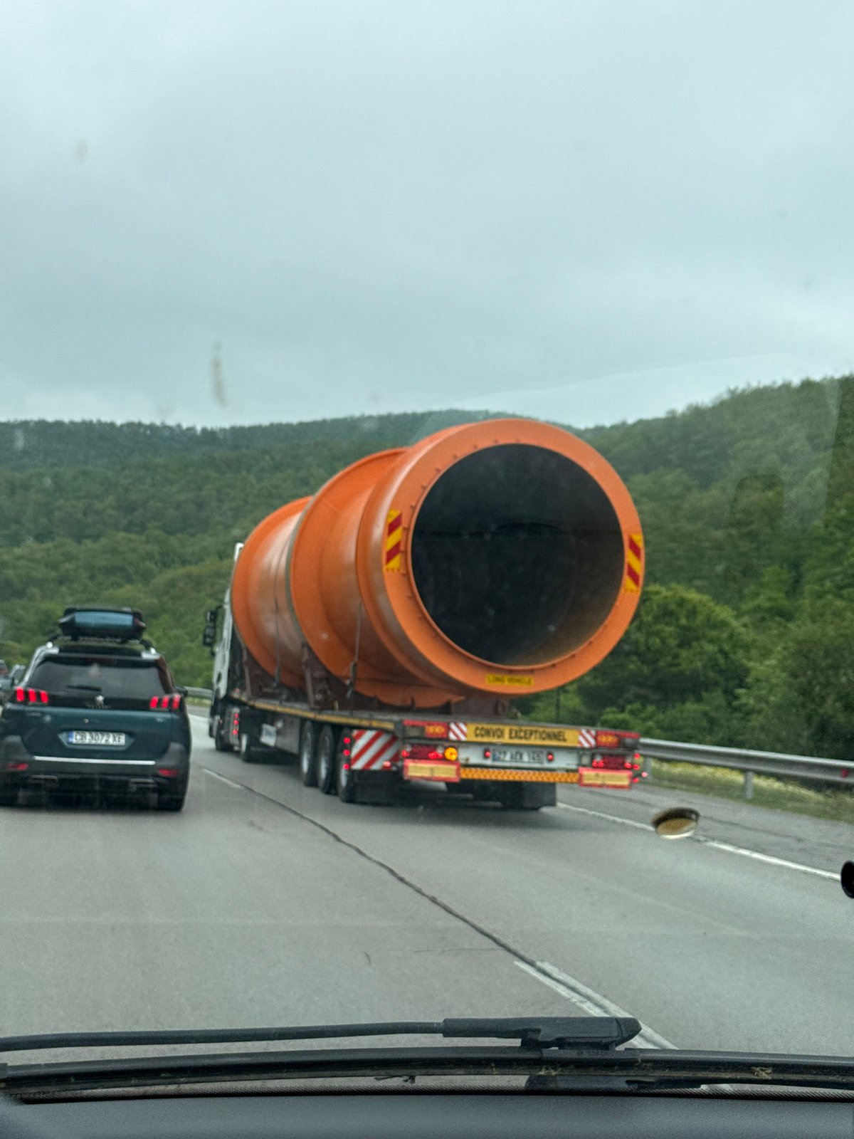 Exceptional convoy transports large cylindrical object through Bulgarian highway