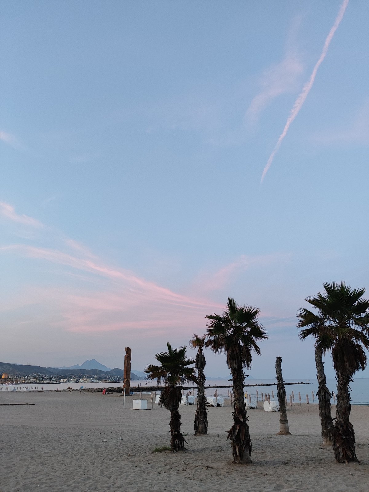 El Campello beach at dusk, palms and blue Mediterranean water