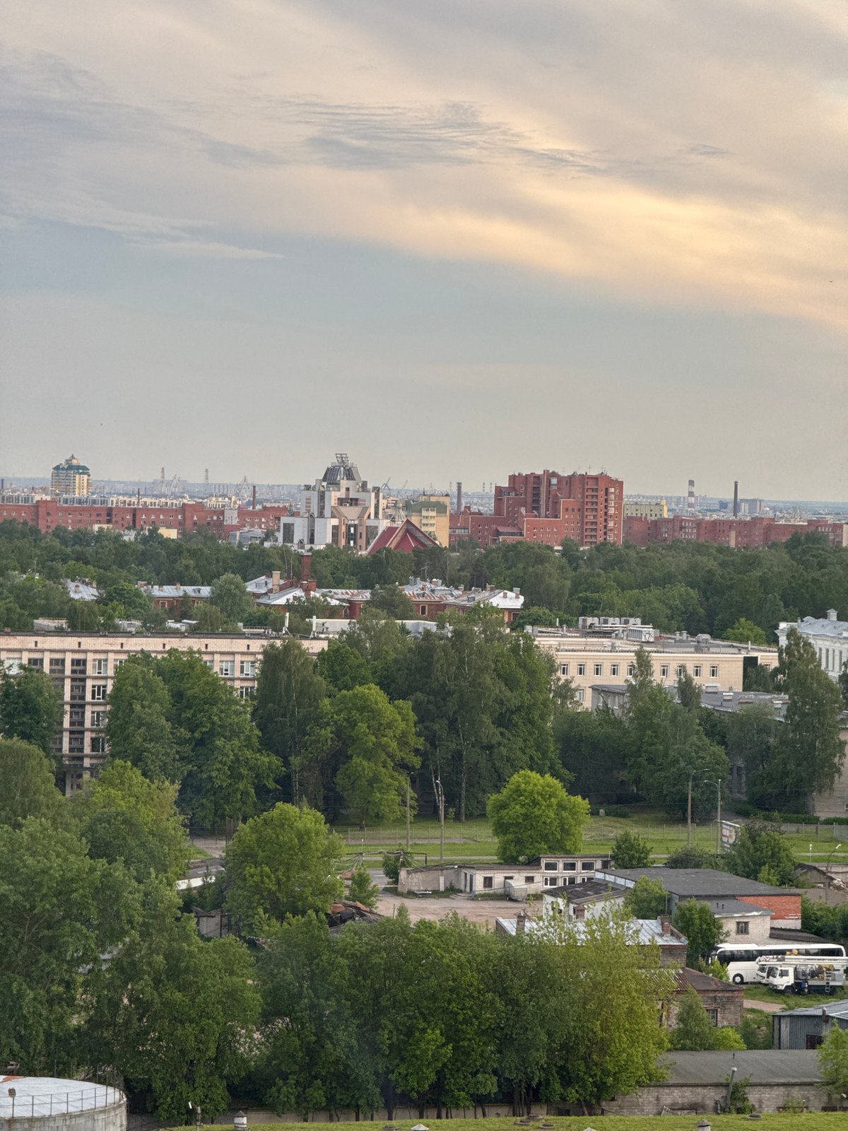 Elevated cityscape views captured during dramatic evening skies