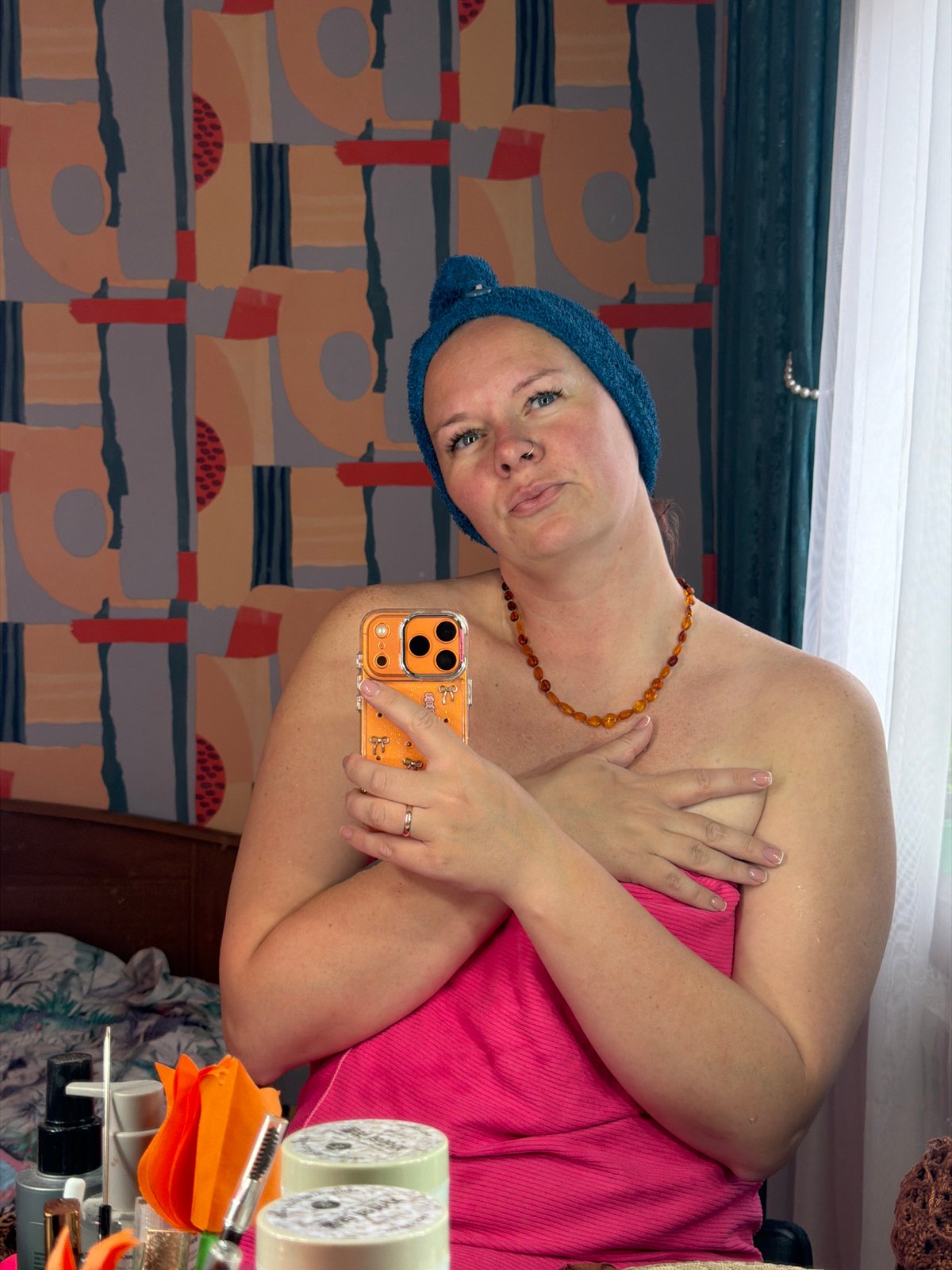 Woman takes selfies at home in Chaikovsky, Russia
