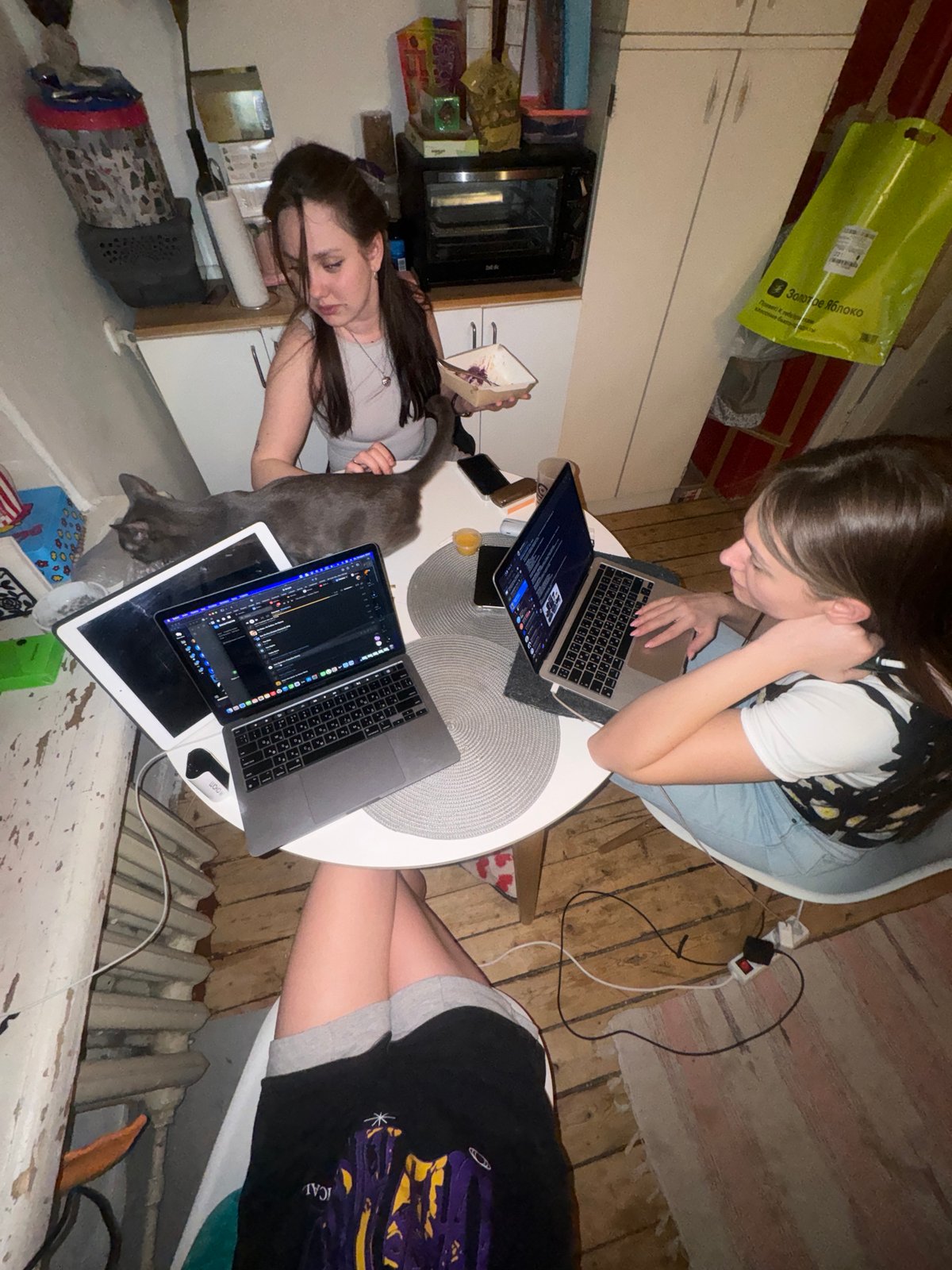 Women gather with devices in Moscow apartment, selfie taken