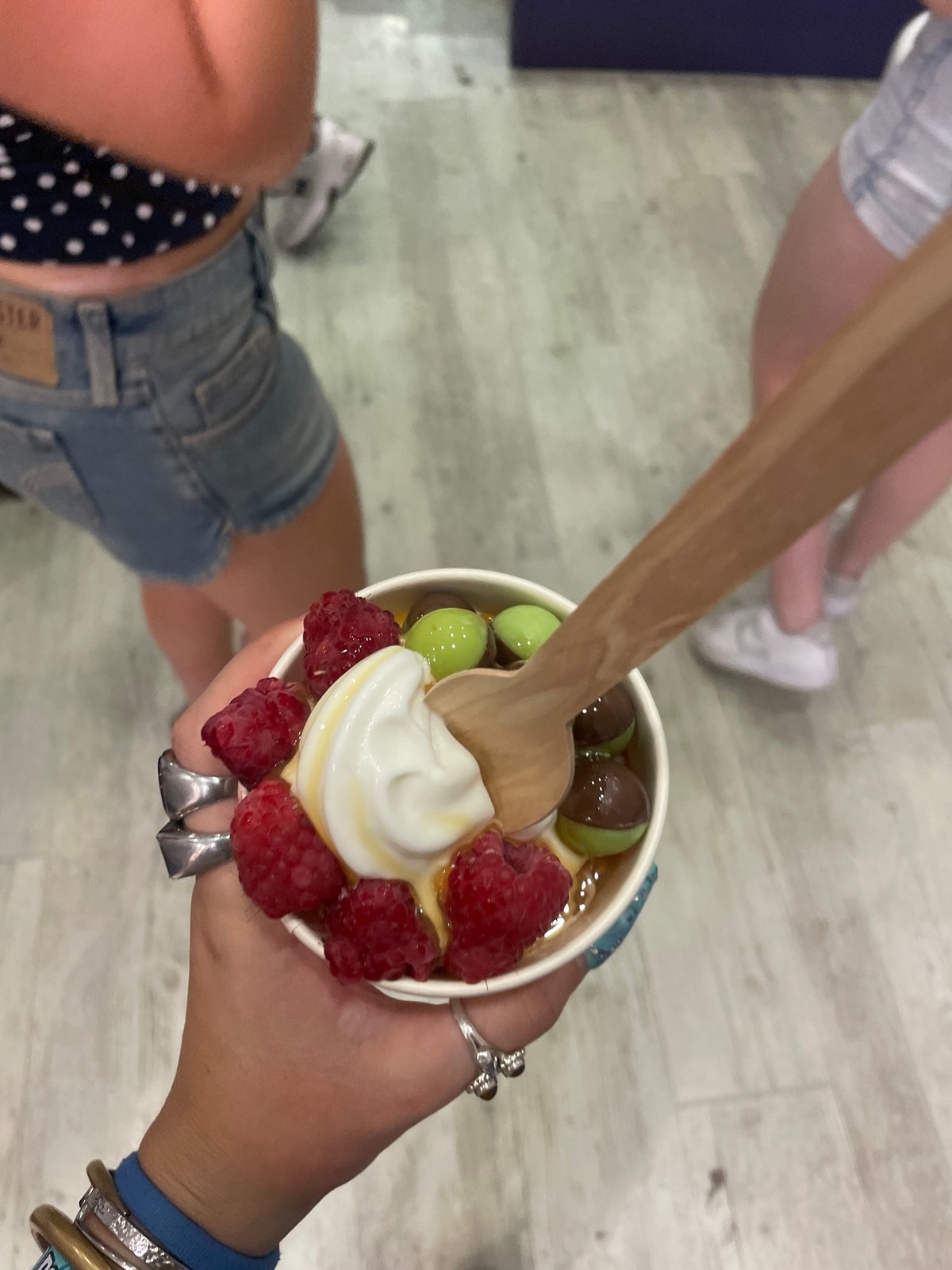Froyo with raspberries and candy toppings, north London