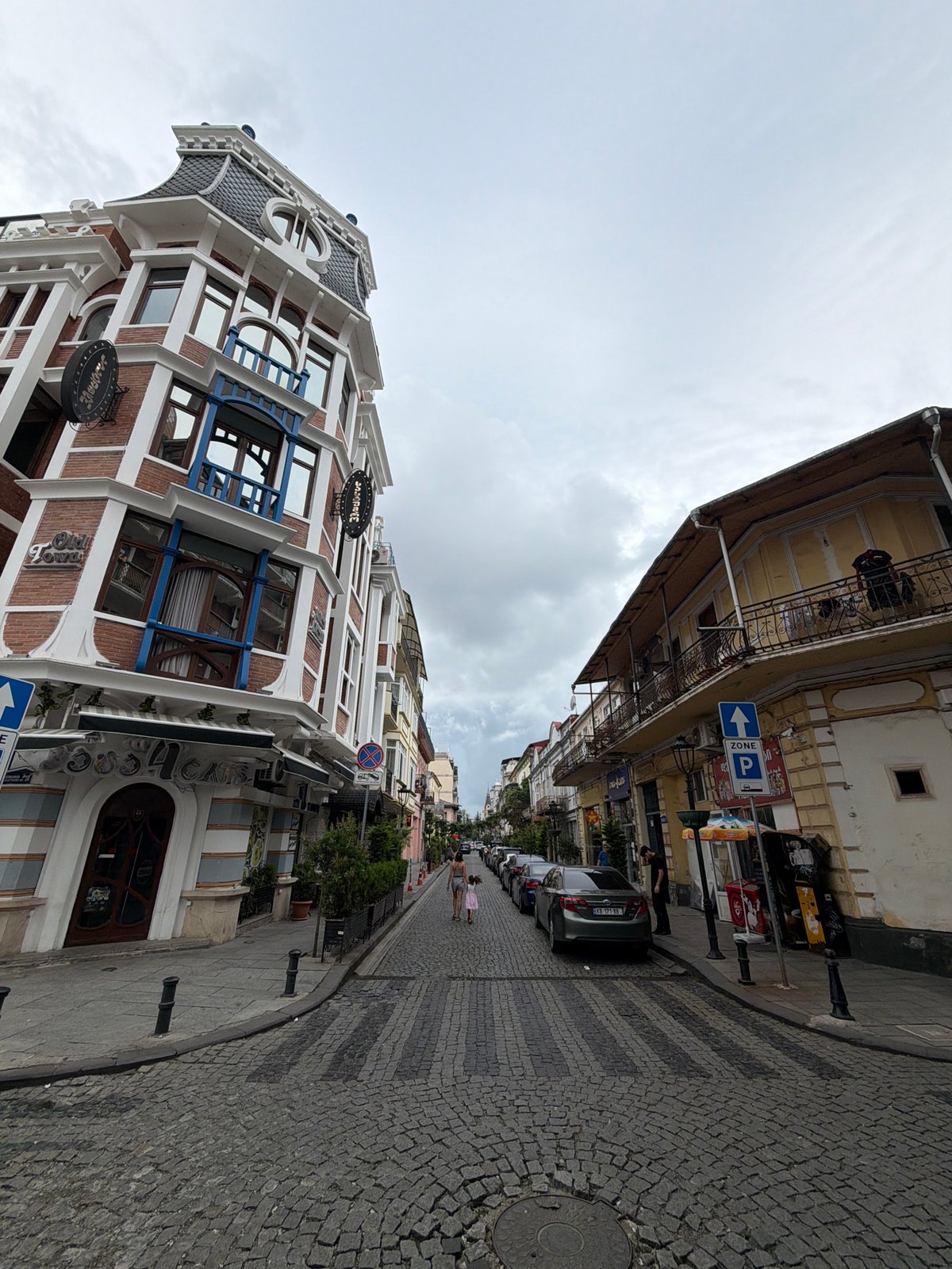 Historic cobblestone street in Batumi's old center, overcast morning