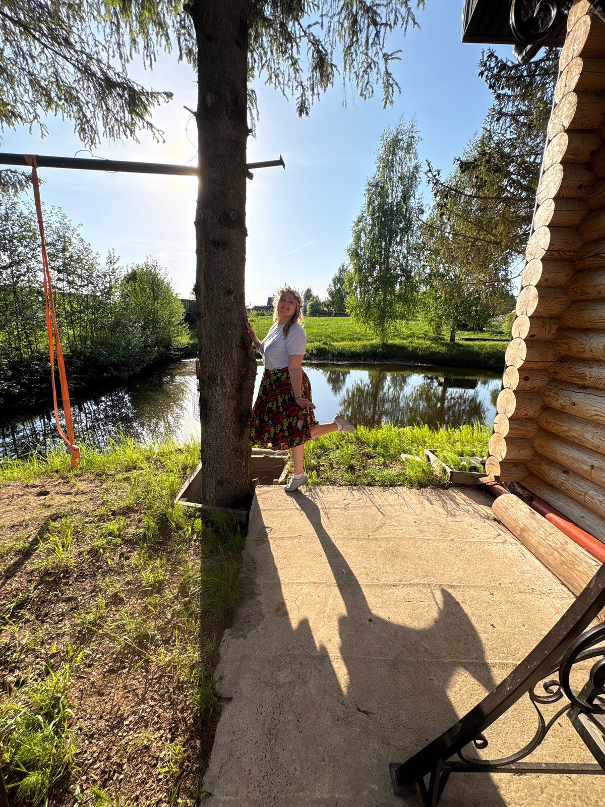 Woman practices balance exercises on makeshift beam in Markovo