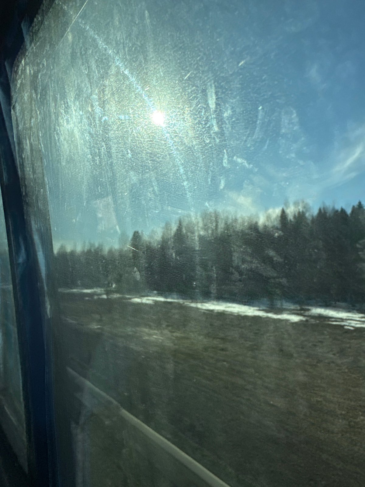 Vehicle passengers photograph landscape through sunroof in Yarino, Russia