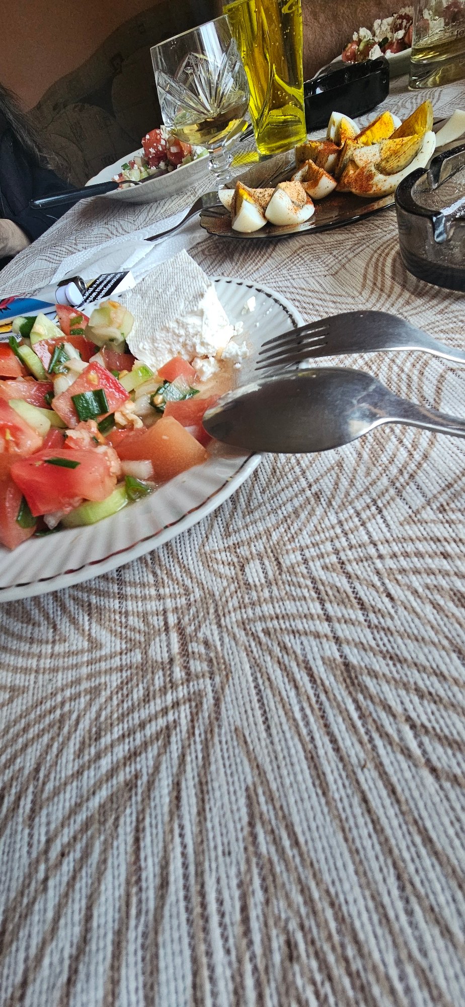 Easter meal celebrated with traditional salad and colored eggs